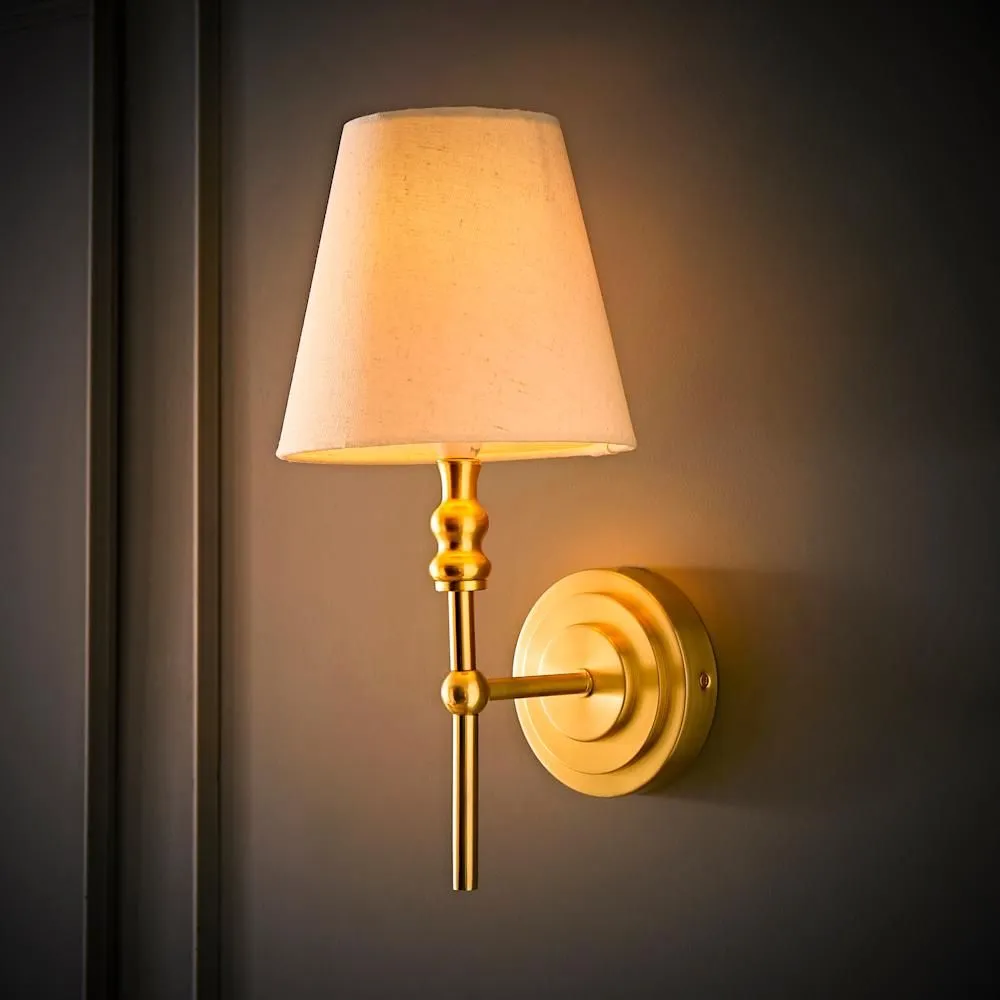 ValueLights Maggie Pair of Candlestick Wall Lights with Linen Tapered Lamp Shades in Gold 3