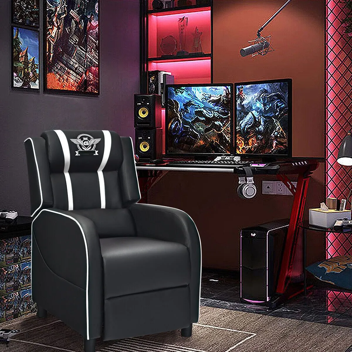 Costway Gaming Recliner Chair PU Leather Single Recliner Sofa Adjustable w/ Footrest in White 5
