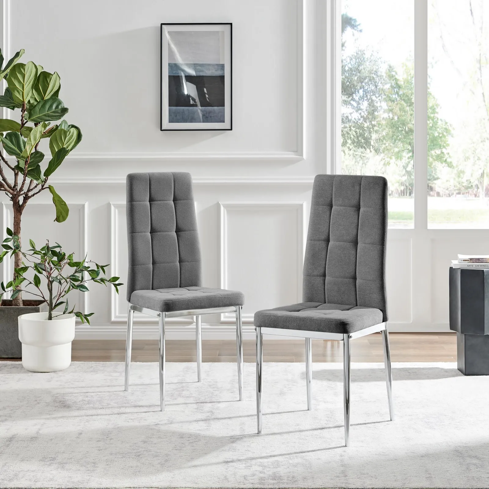 FurnitureboxUK Set 2 Paloma Modern Fabric Dining Chairs On Silver Legs in Grey