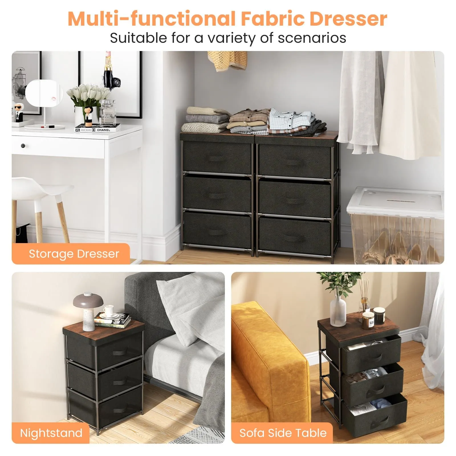 Costway 3-Tier Fabric Dresser Fabric Nightstand Home Organizer Unit w/3 Drawers in Black 4