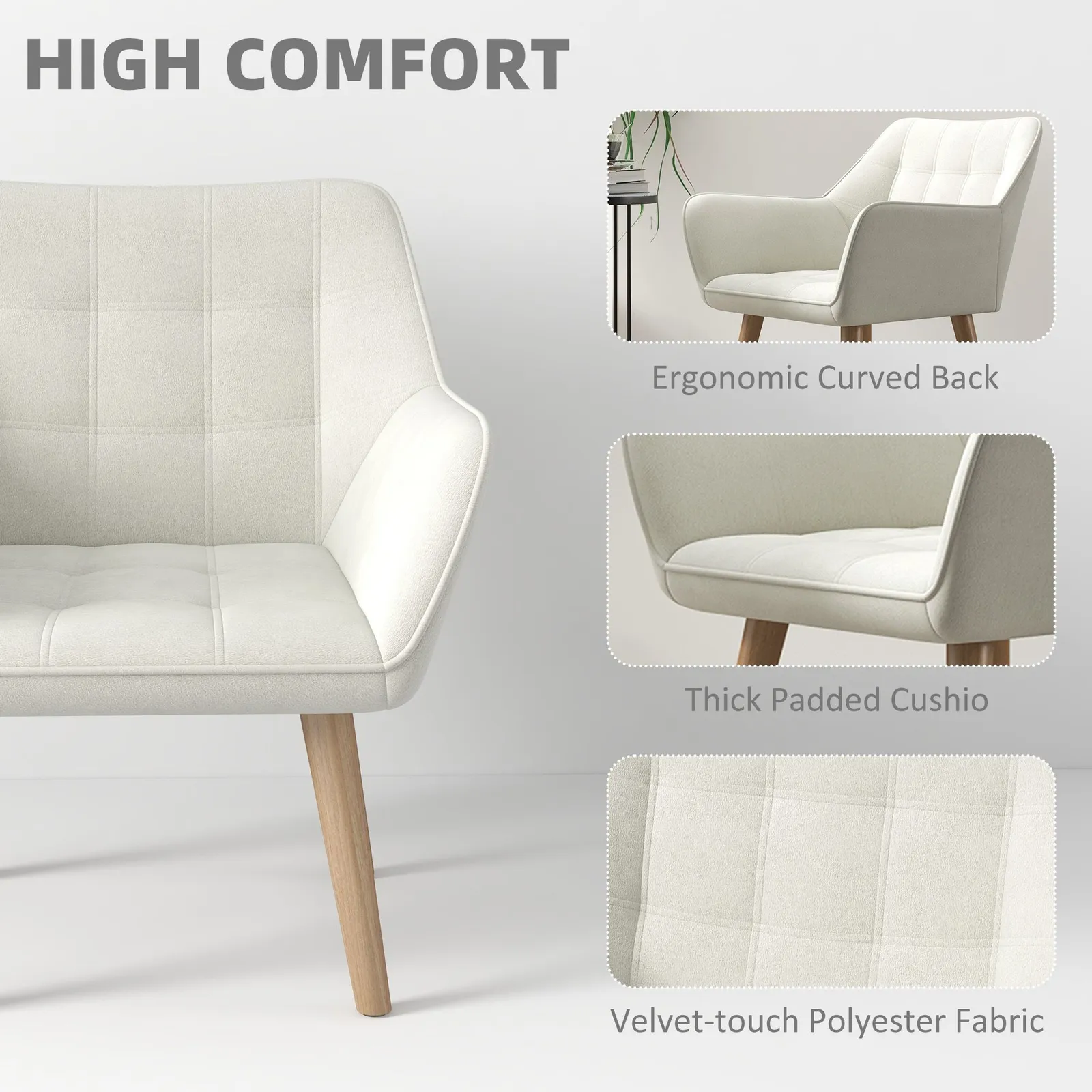 HOMCOM Velvet-Feel Accent Chair with Arms Slanted Back Wood Legs in Cream 4