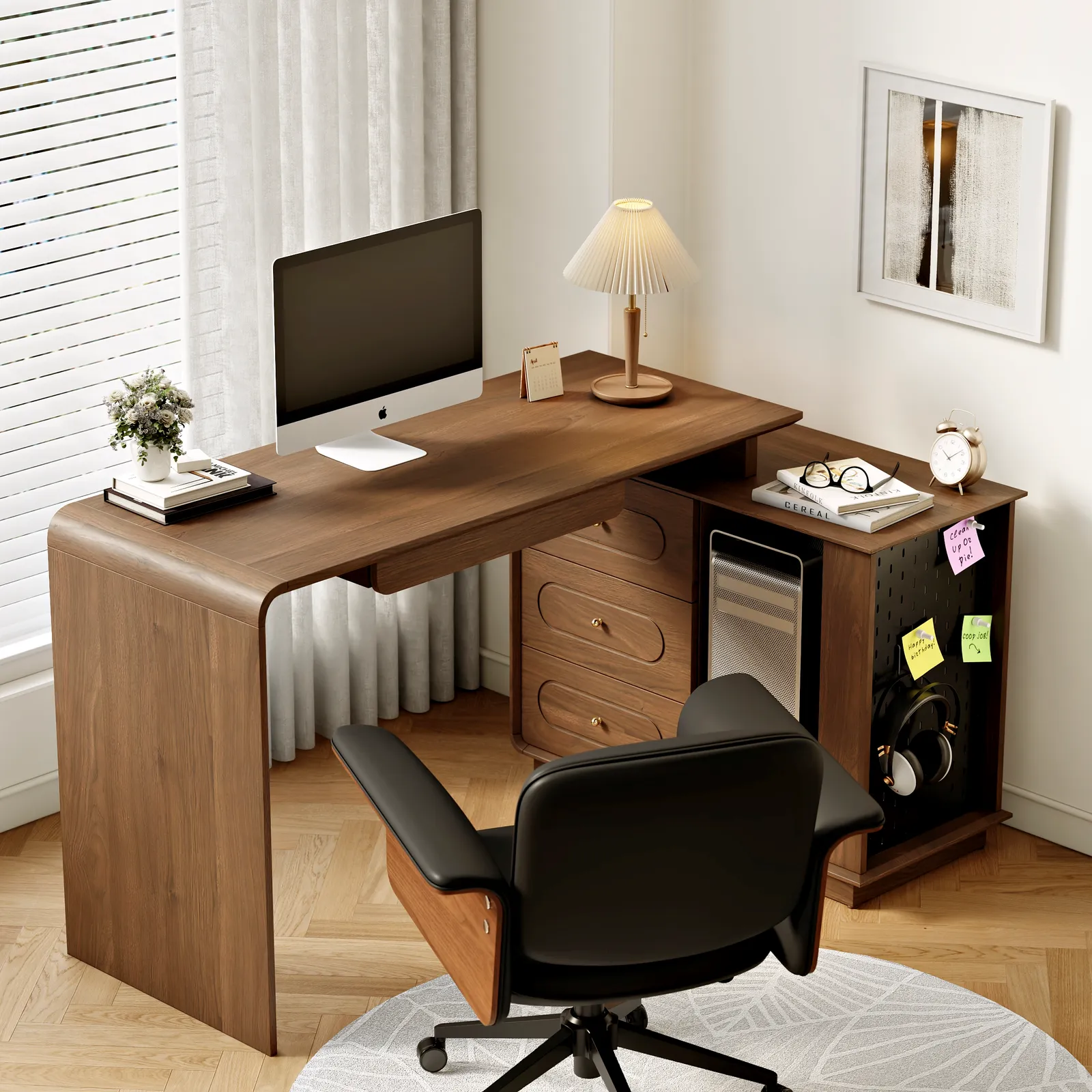Walnut L-Shaped Corner Desk & Black Faux Leather Office Chair