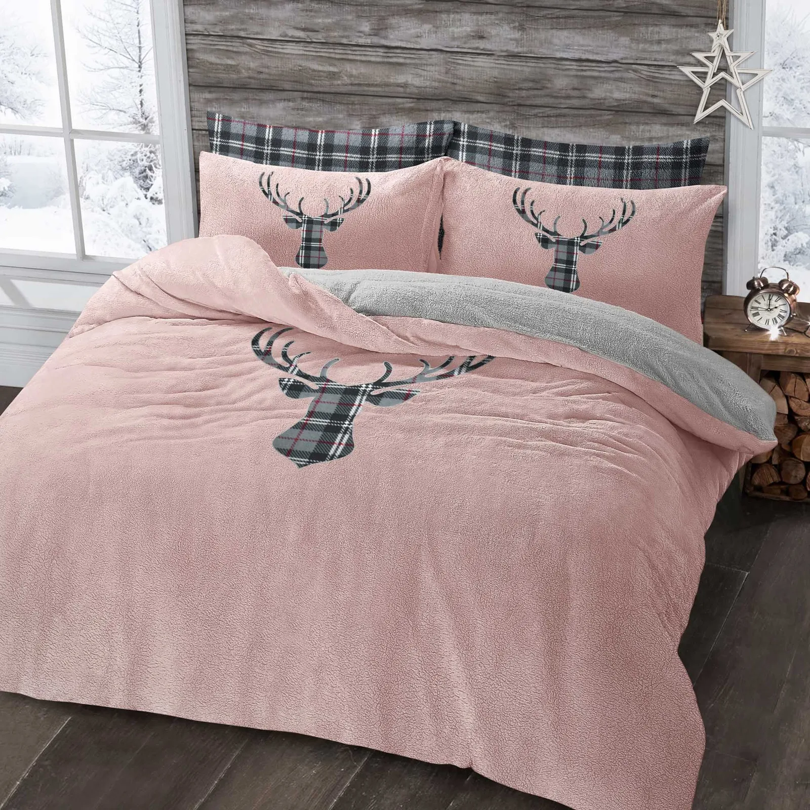 Velosso Stag Head Teddy Warm & Cosy Duvet Cover & Pillowcase Set in Pink