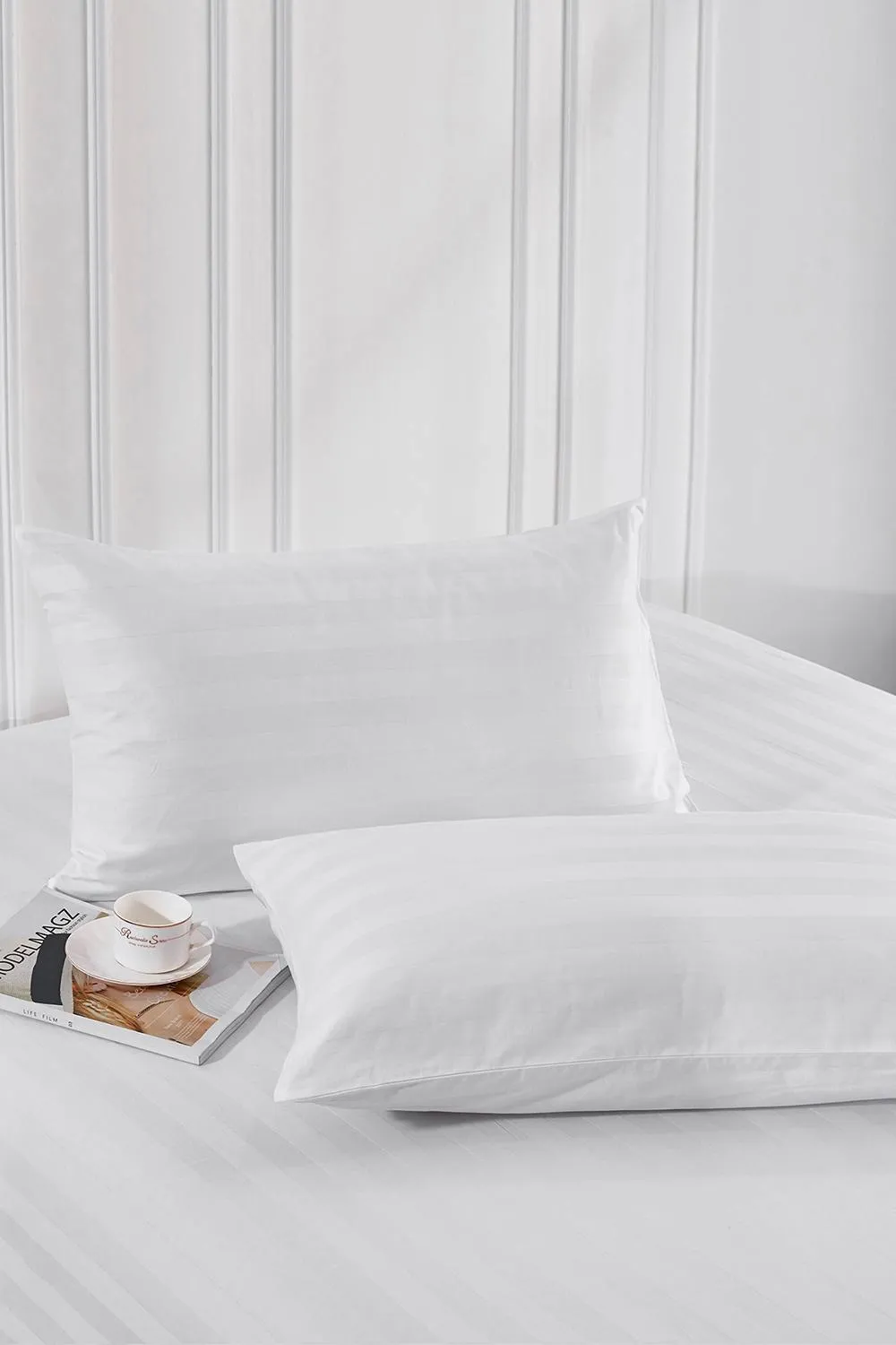 Neel Blue 300TC White Satin Stripe Pillow Cases with Zip Closure, 50cm x 75cm, Pack of 2