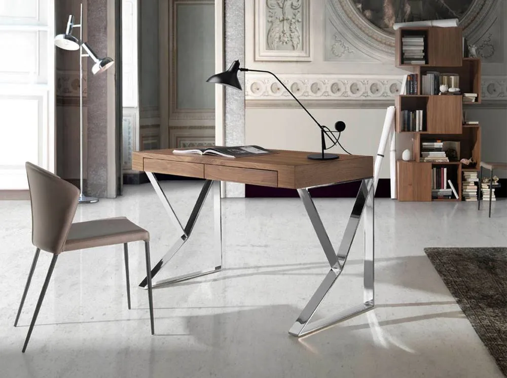 Angel Cerda Walnut Veneer Desk with Chrome-Plated Steel Legs in Brown 3