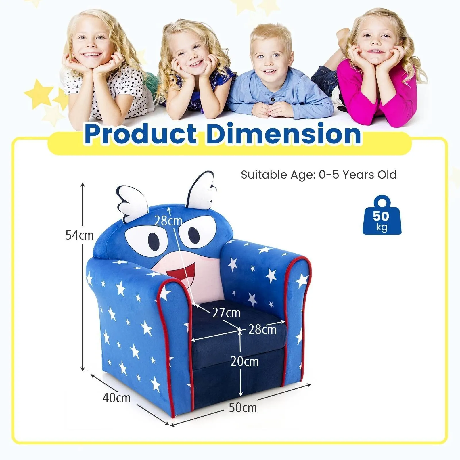 Costway Cute Sofa Children Armrest Upholstered Chair Cute Pattern Armchair Solid Frame 2