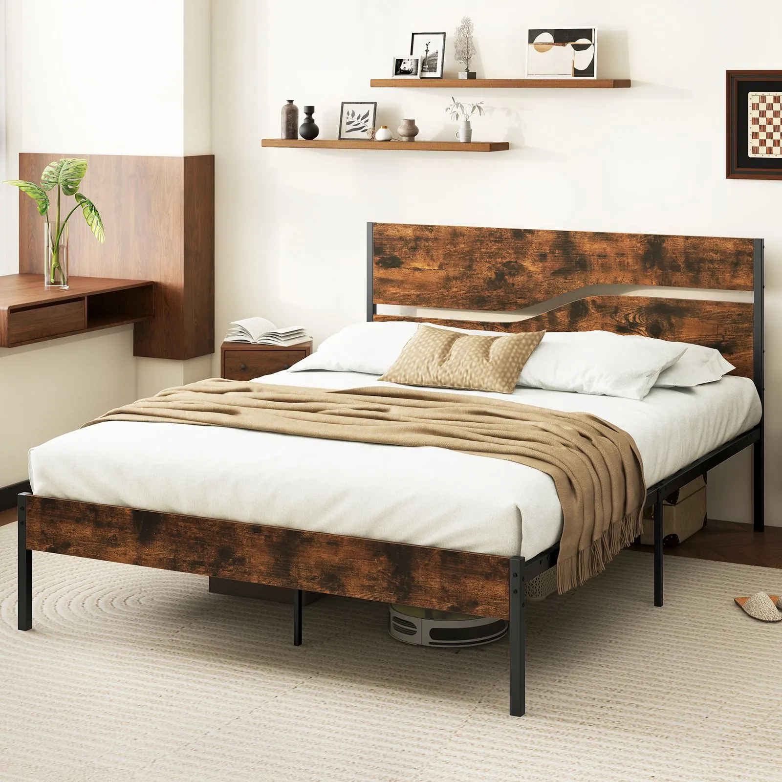 Costway King Metal Bed Frame Industrial Platform Bed w/ Wooden Headboard in Brown 3