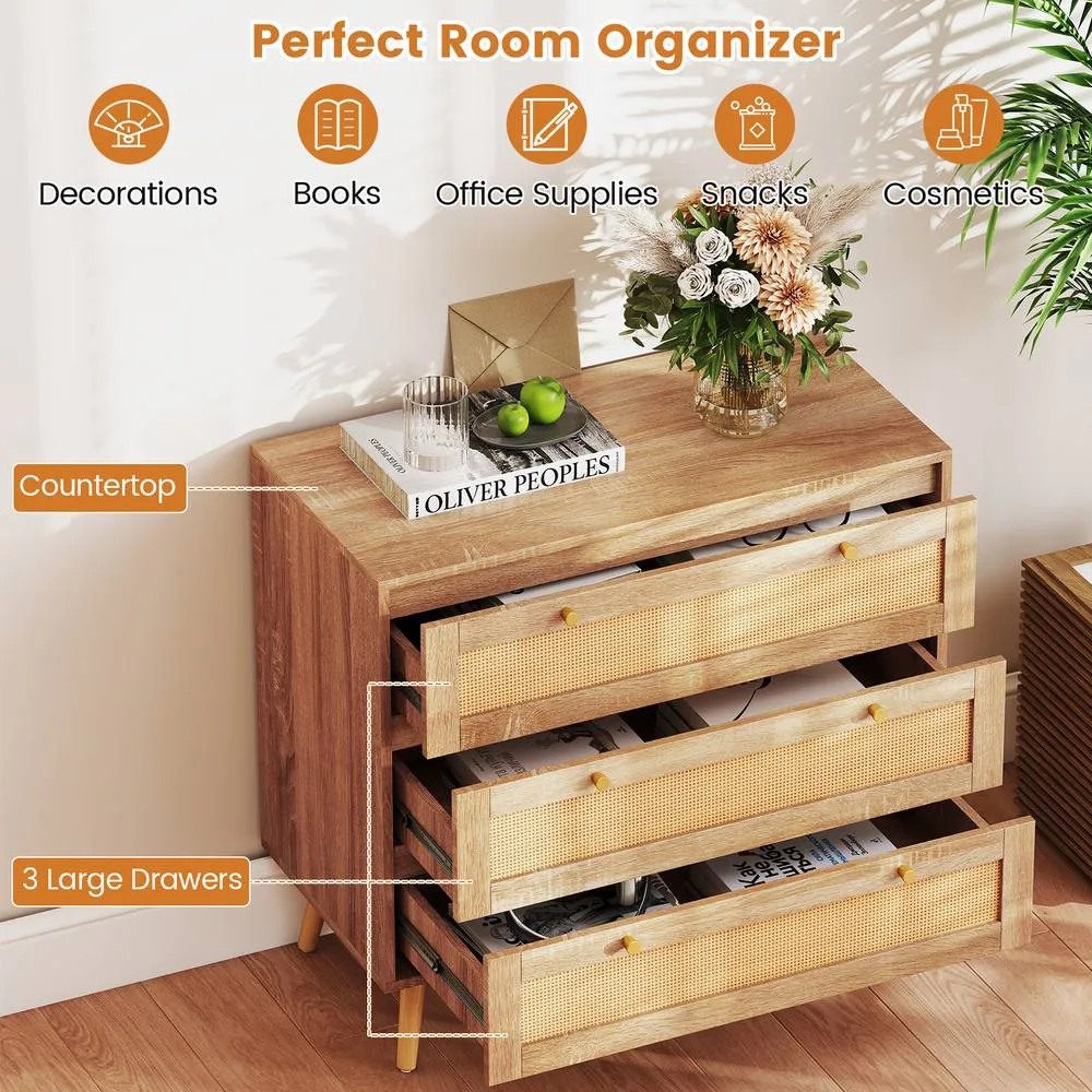 Costway Boho 3-Drawer Rattan Dresser Wooden Nightstand Side Table w/ 3 Drawers in Natural 5