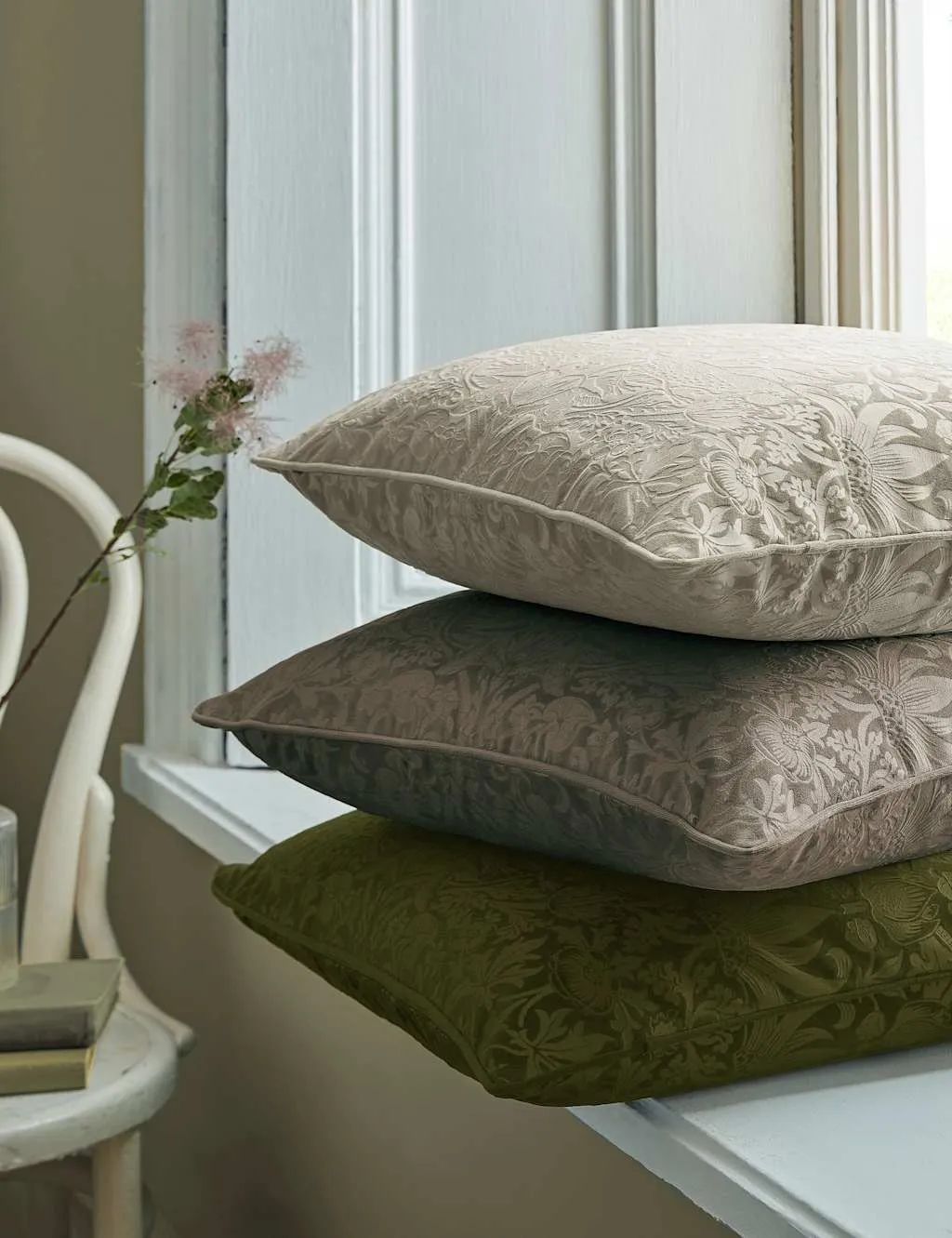 William Morris At Home Velvet Strawberry Thief Cushion Light Grey