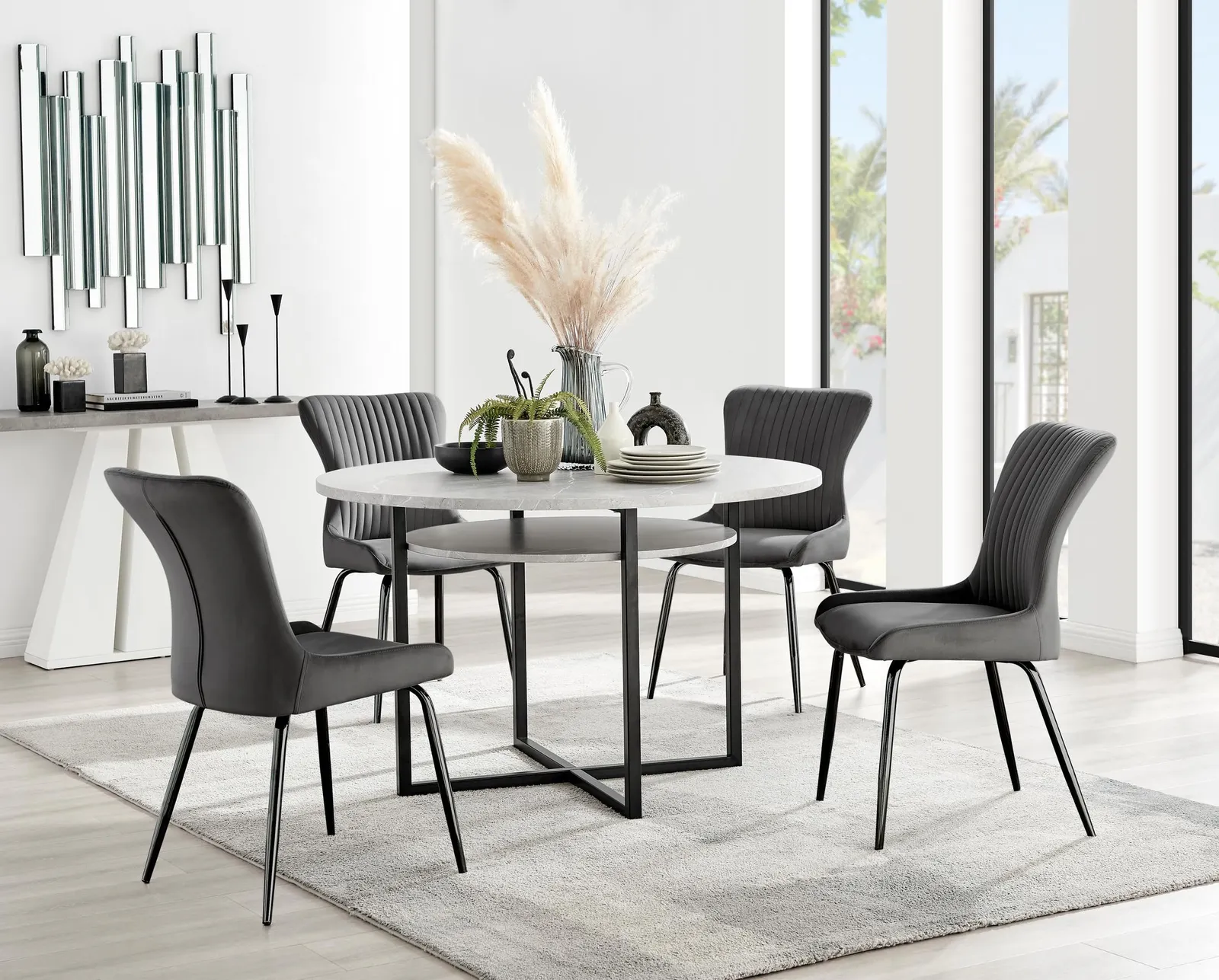 FurnitureboxUK Adley Grey Concrete Effect Round Dining Table & 4 Nora Black Leg Velvet Chairs in Dark Grey 1