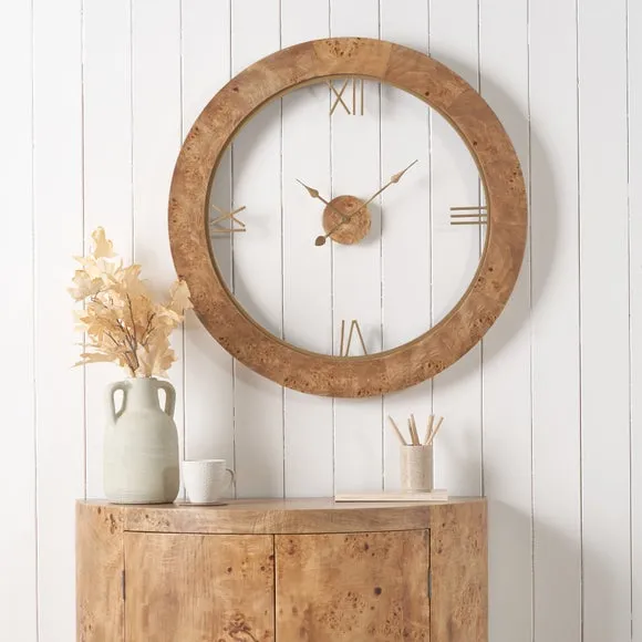 Newborough Burr Wood Effect Open Face Round Wall Clock