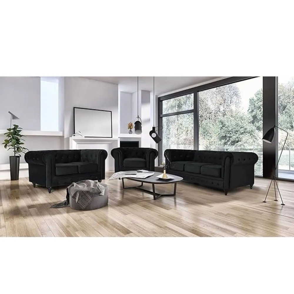 Bliss Furniture Velvet Chesterfield Sofa Suite Armchair 2 & 3 in Black