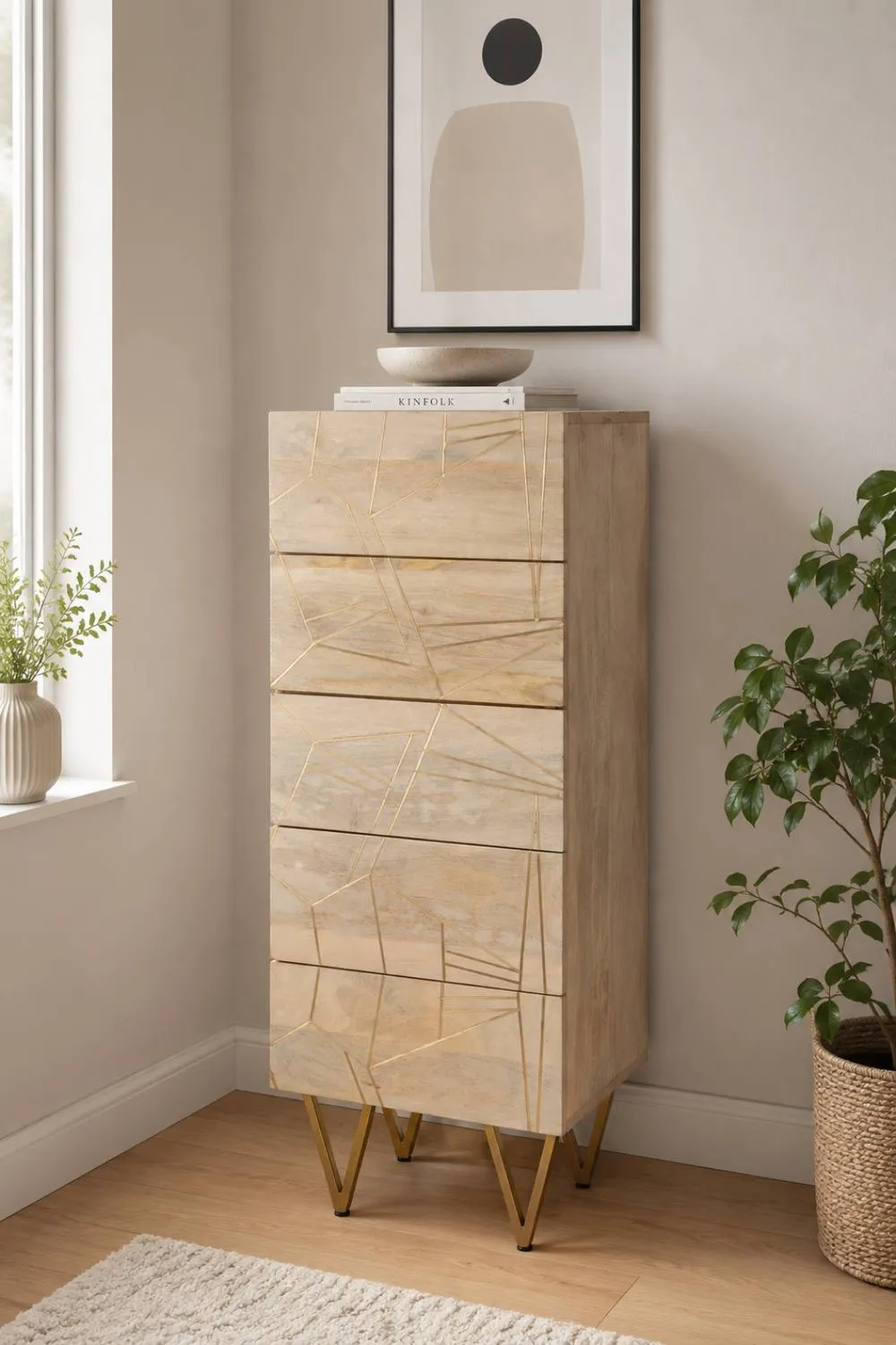IH Design Silchester Tall Chest of Drawers Light Mango Gold 5 Drawer in Brown