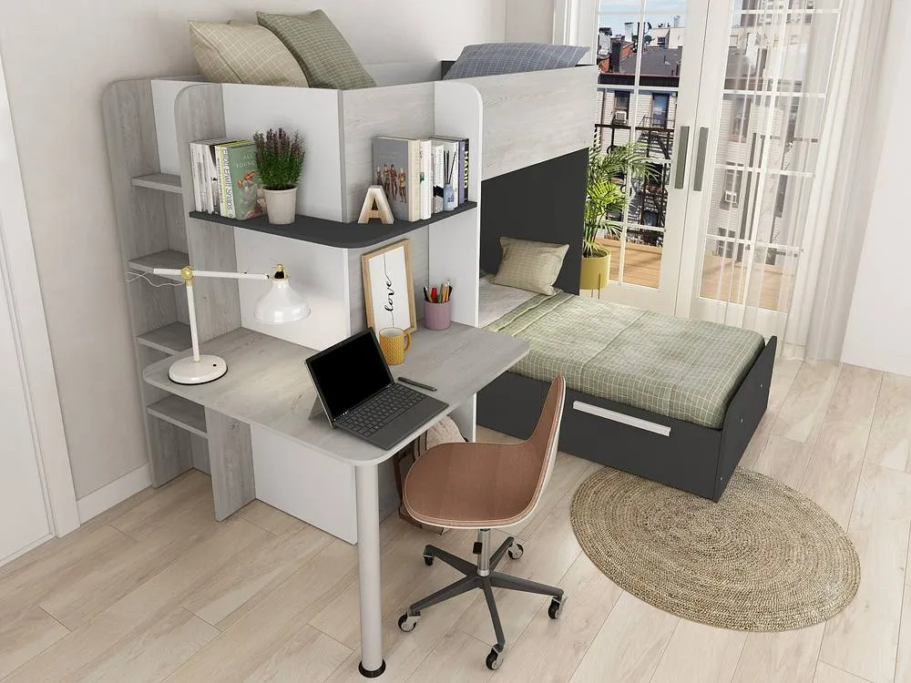Vente-unique Corner Bunk Beds 2 X 90 X 190 Cm - With Desk - Grey, White & Black 4