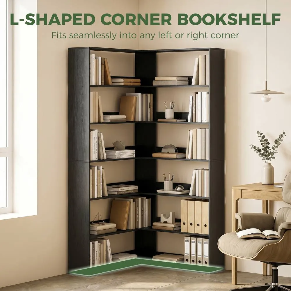 HOMCOM 7 Tiers Corner Bookshelf, L-Shaped, Black Wood Effect 4