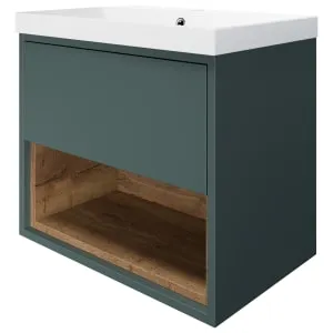 Wickes Nexus Stone Green & Tobacco Halifax Oak Wall Hung Vanity Unit & Basin - 546 x 600mm