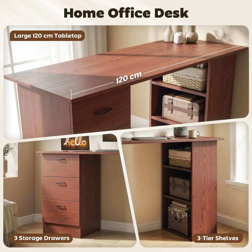 HOMCOM 120cm PC Table Workstation Computer Desk w/ Drawers, 3 Shelves Walnut in Dark Brown 4