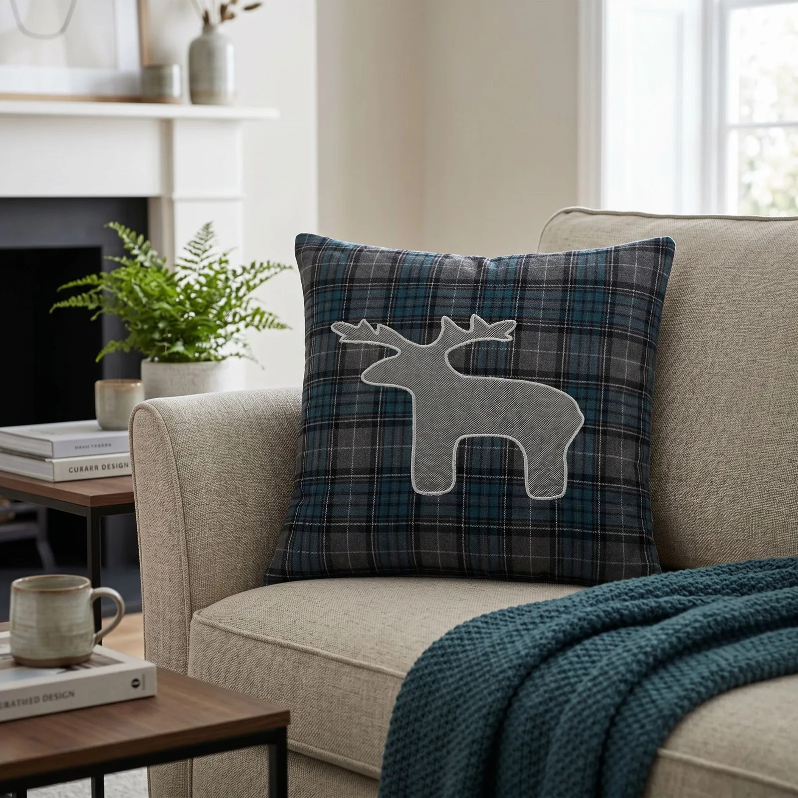 Orsina Checkered Stag Cushion, Bedding Christmas Cushion for Bedroom, Sofa, Living room, Cushion with Stag Details in Blue
