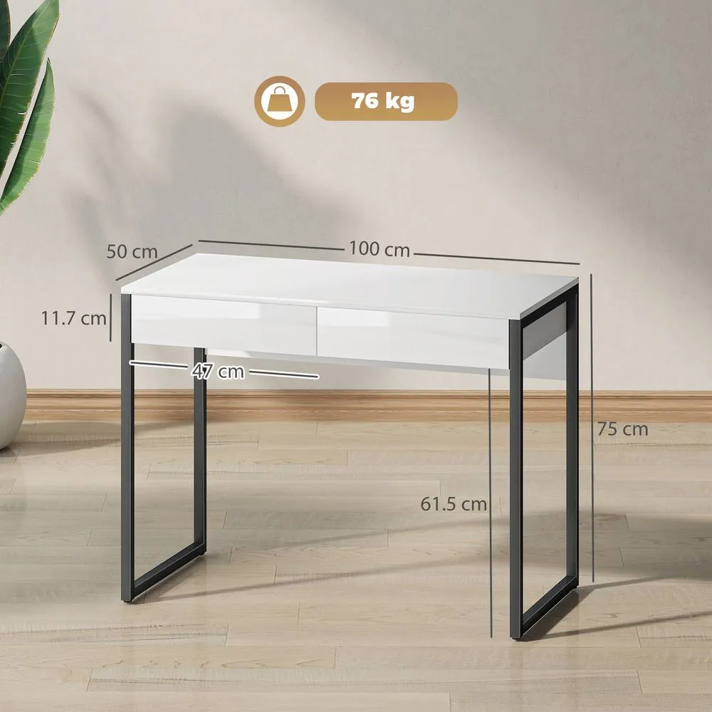 HOMCOM Modern Home Office Desk with High Gloss 2 Drawers Finish White Black 3