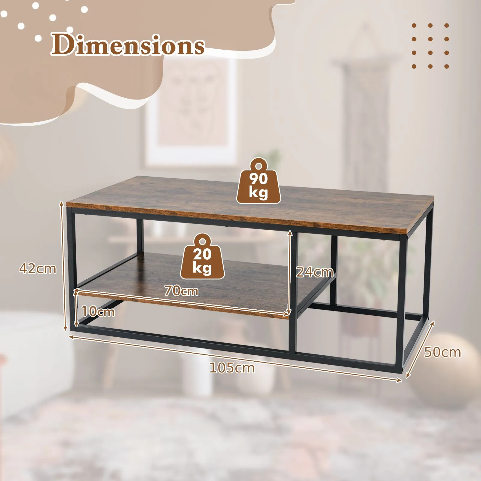 Costway 2-Tier Wooden Industrial Coffee Table 105cm Rectangle Center Table in Brown 2