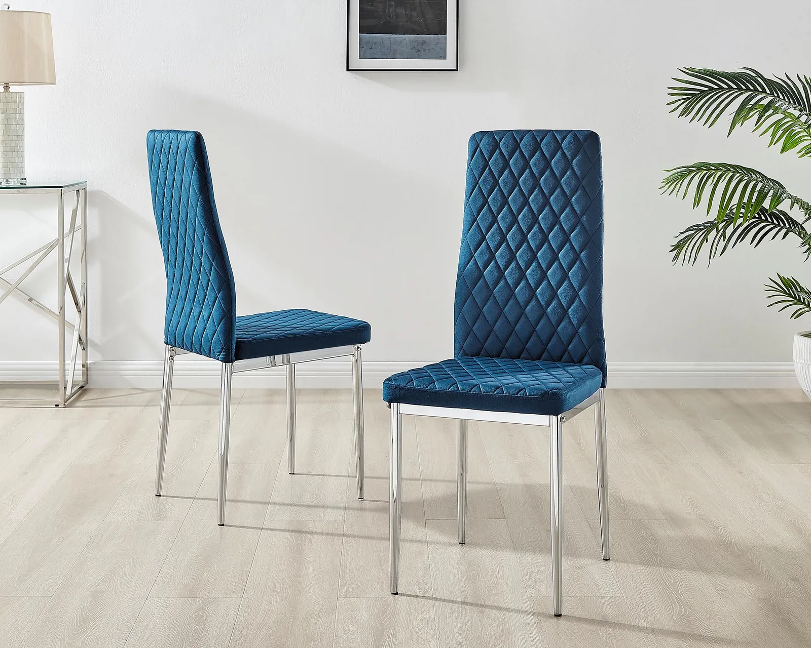 FurnitureboxUK Set of 4 Milan High Back Soft Touch Diamond Pattern Velvet Dining Chairs With Silver Chrome Metal Legs in Navy 2