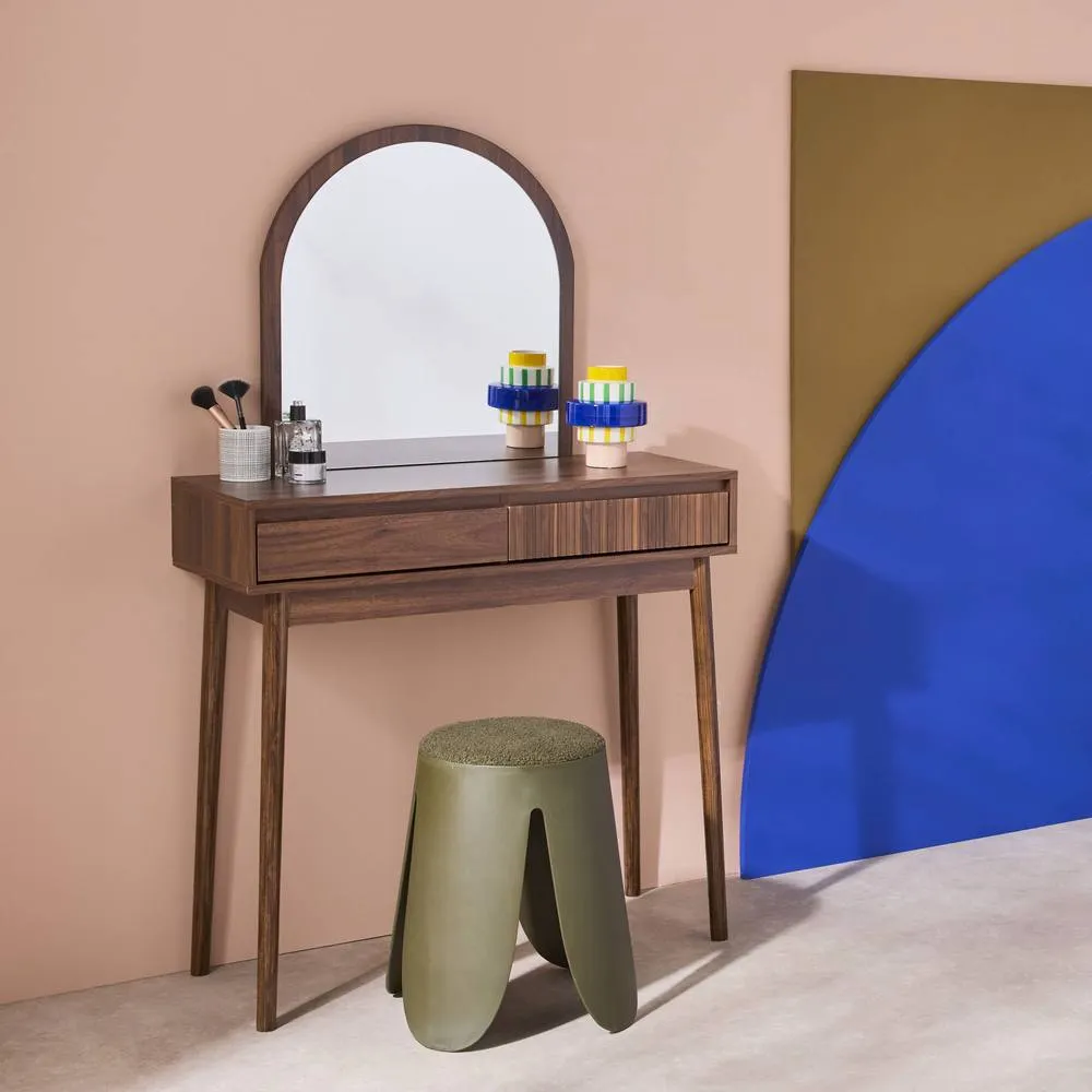 sweeek Dressing table with wooden decor & rounded mirror, 2 drawers in Dark Brown 4