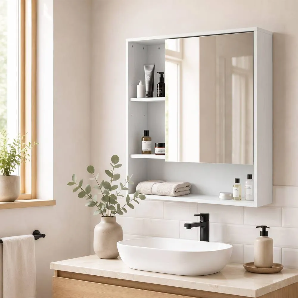 HOMCOM Bathroom Mirror Cabinet, Wall-Mounted, Adjustable Shelves in White 2