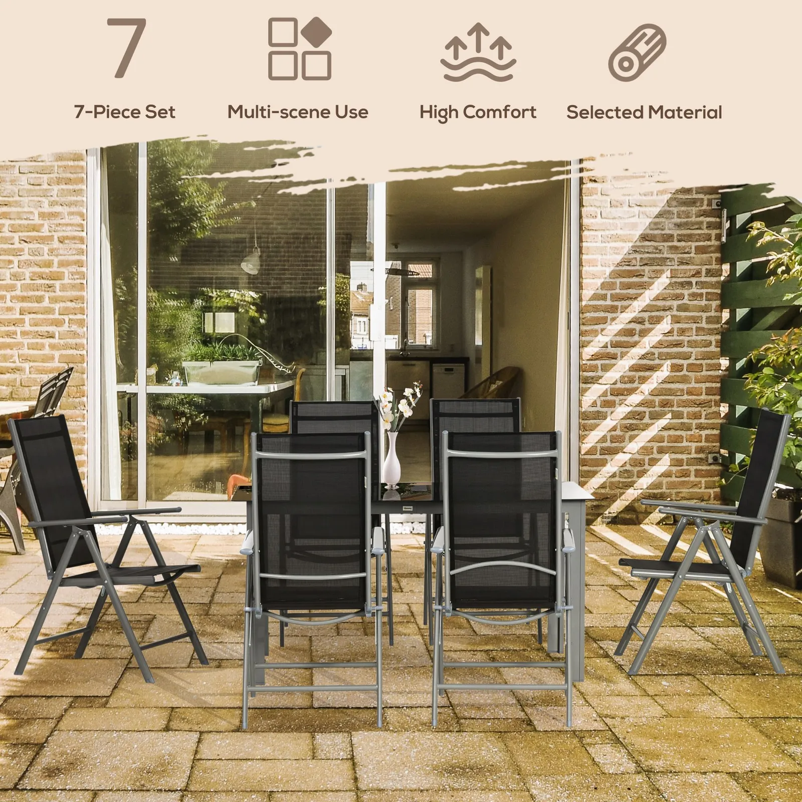 OUTSUNNY 7 Piece Garden Dining Set, Outdoor Table & 6 Chair, Aluminium in Black 4