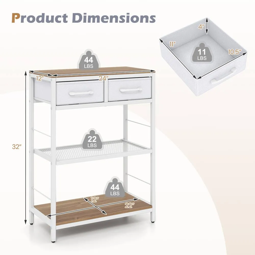 Costway Narrow Console Table w/ 2 Fabric Drawers 3-Tier Table Storage Rack in Natural 2