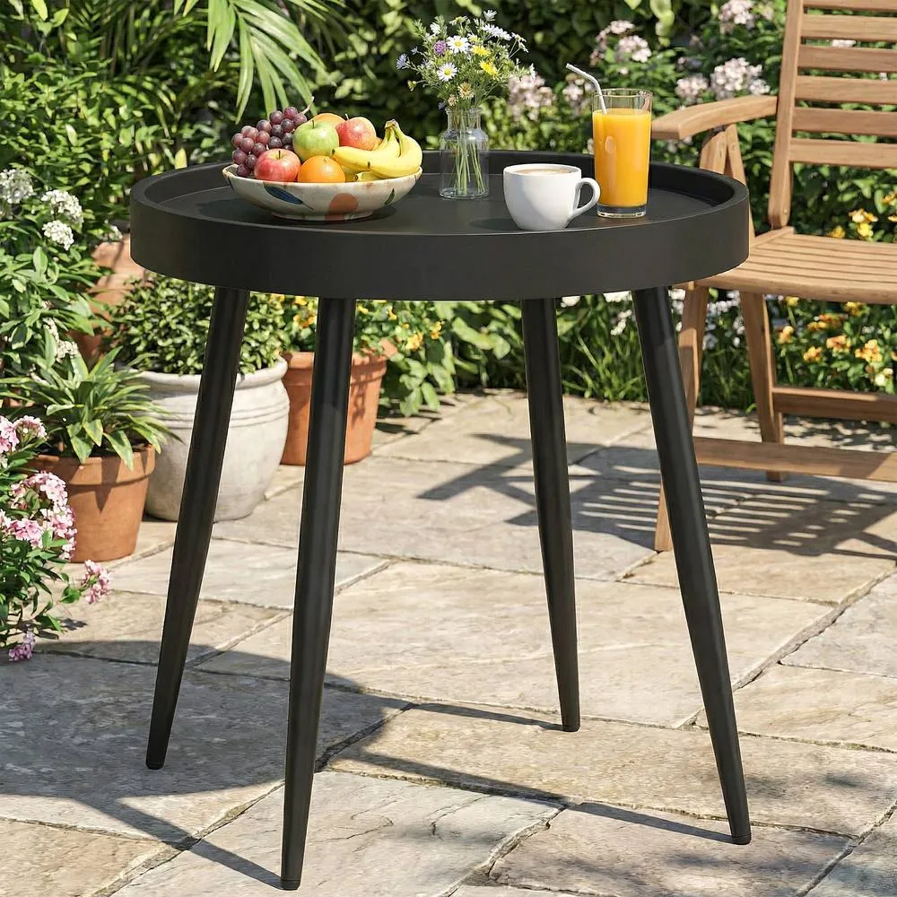 OUTSUNNY Round Garden Table, Outdoor Coffee Side Table with Plastic Top in Black