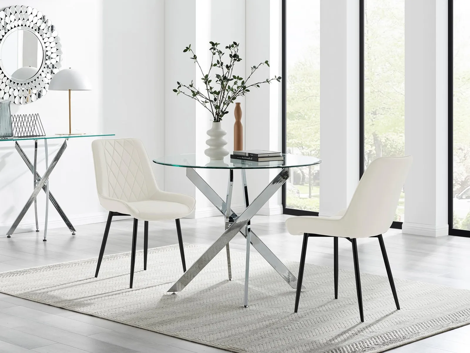 FurnitureboxUK Novara 100cm Round Dining Table & 2 Pesaro Black Leg Chairs in Cream 1