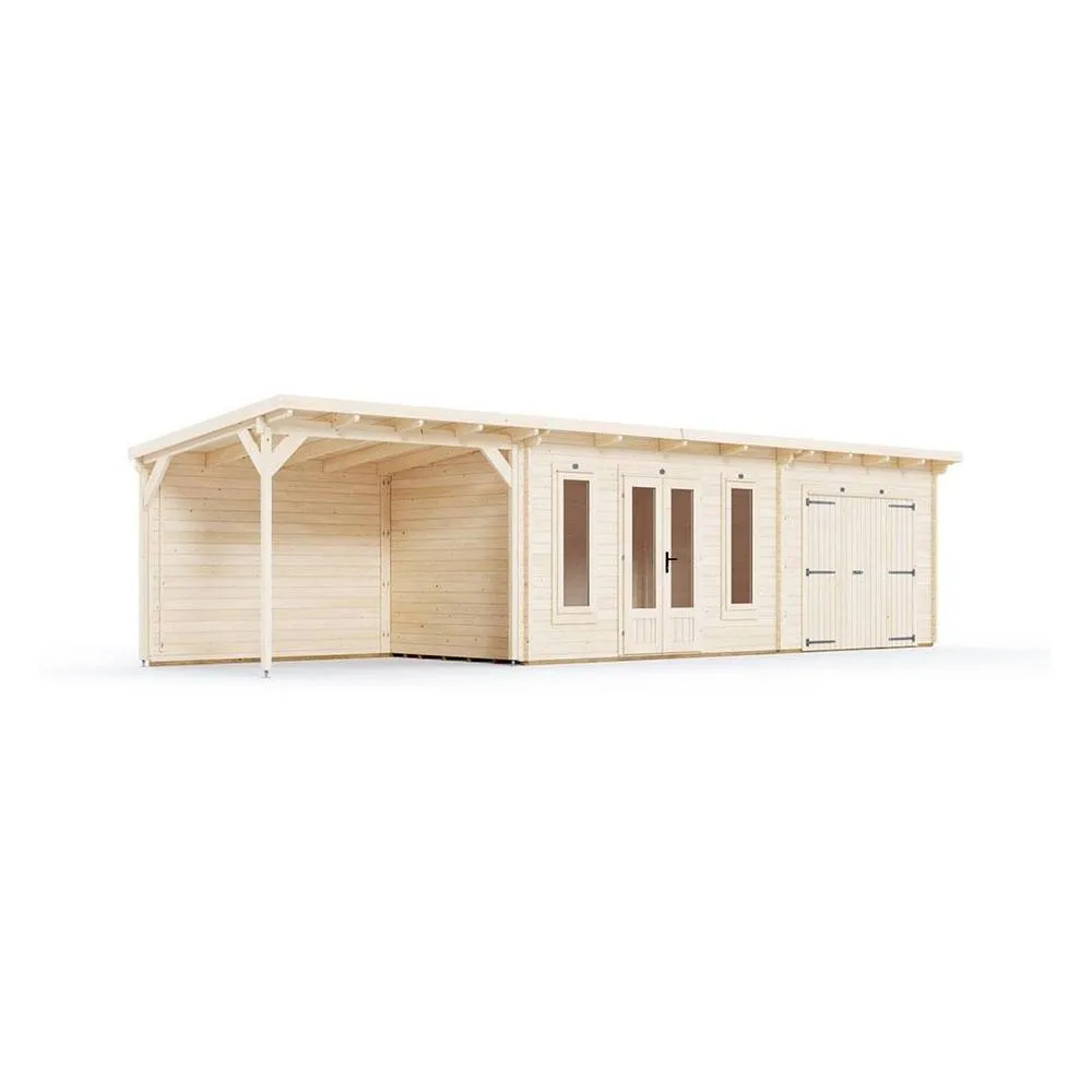 Dunster House Wooden Log Cabin With Gazebo 10m x 2.5m, EvilGenius in Beige