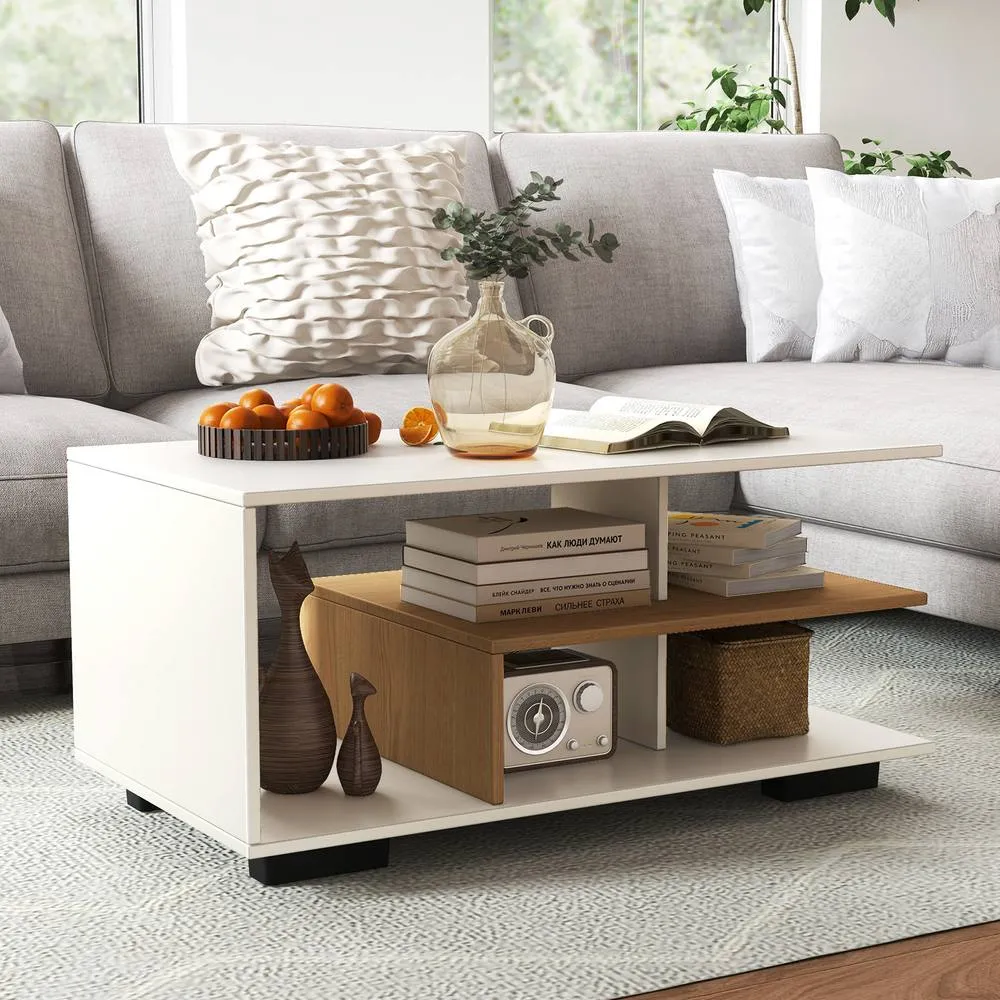 Costway Modern Rectangular Center Table Wooden Coffee Table w/ L-shaped Middle Shelf in White 2