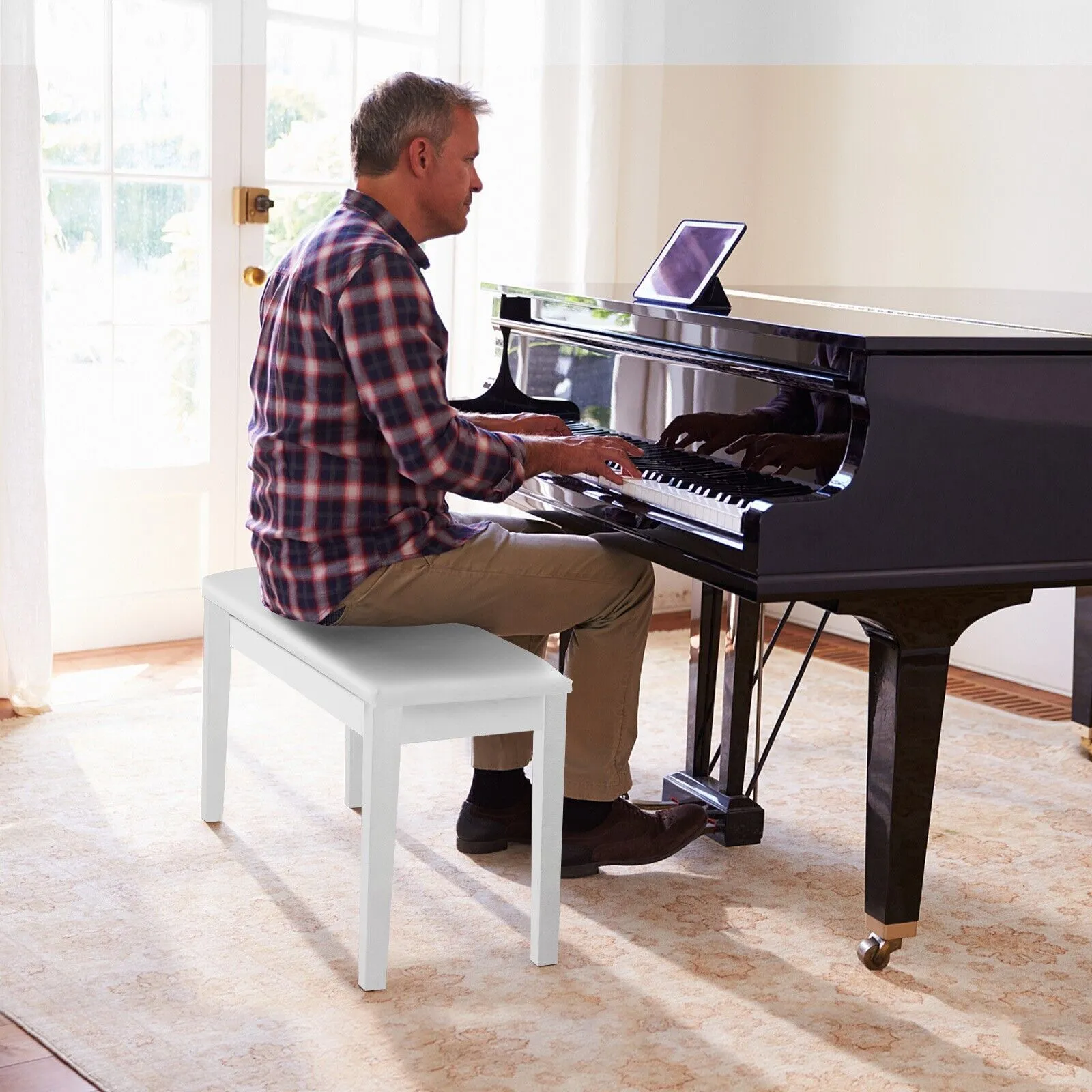 Costway 75cm PU Leather Piano Bench Double Duet Seat Padded Vanity Stool with Storage in White 3