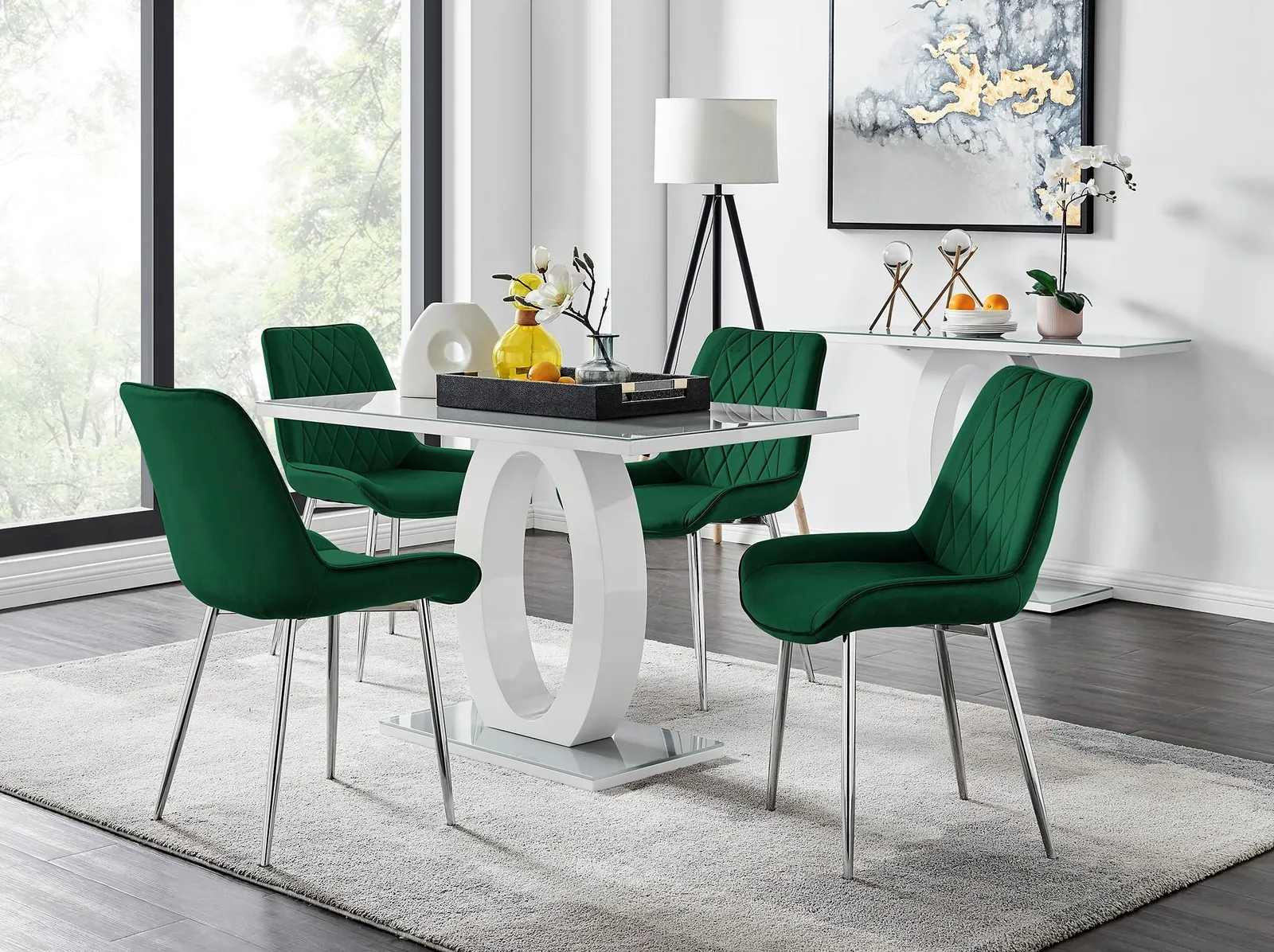 FurnitureboxUK Giovani 4 Grey Dining Table & 4 Pesaro Silver Leg Chairs in Green