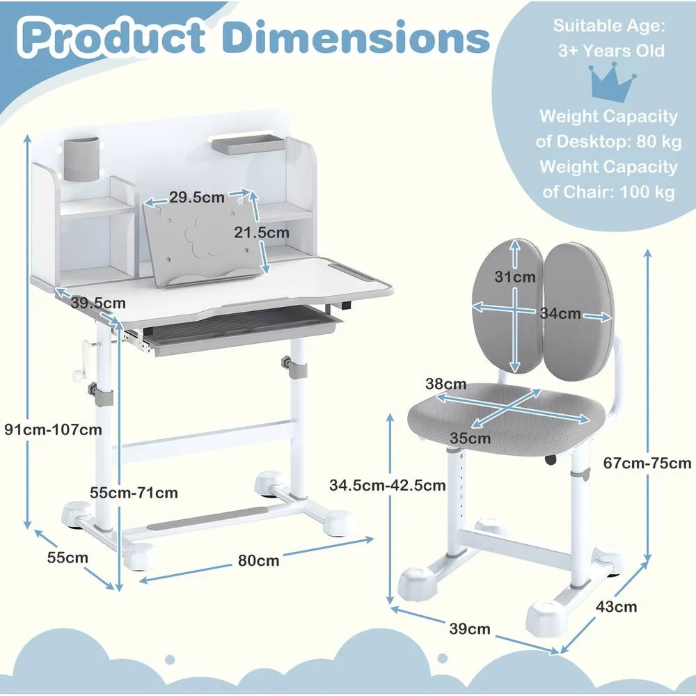 Costway Kid's Study Desk & Chair Set Adjustable Desk-Grey in Grey 2