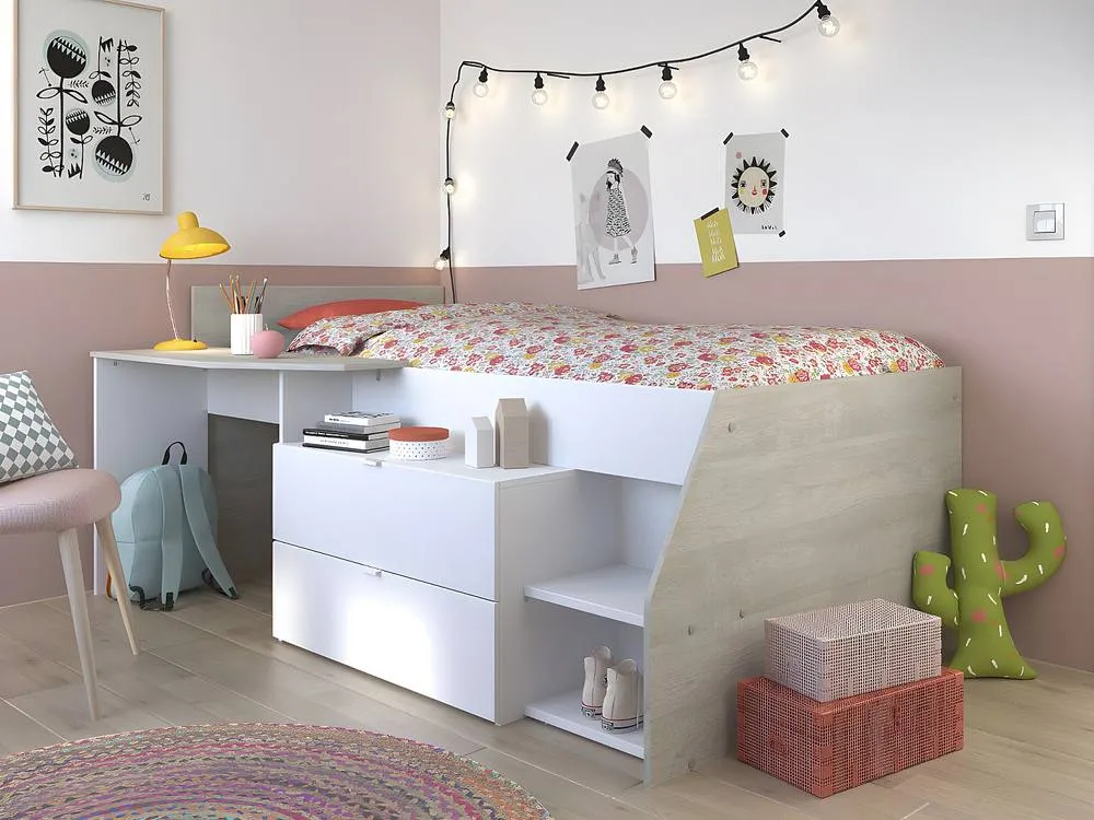 Vente-unique Bed With Desk & Storage - 90 X 200 Cm - White & Oak - GISELE in Light Oak