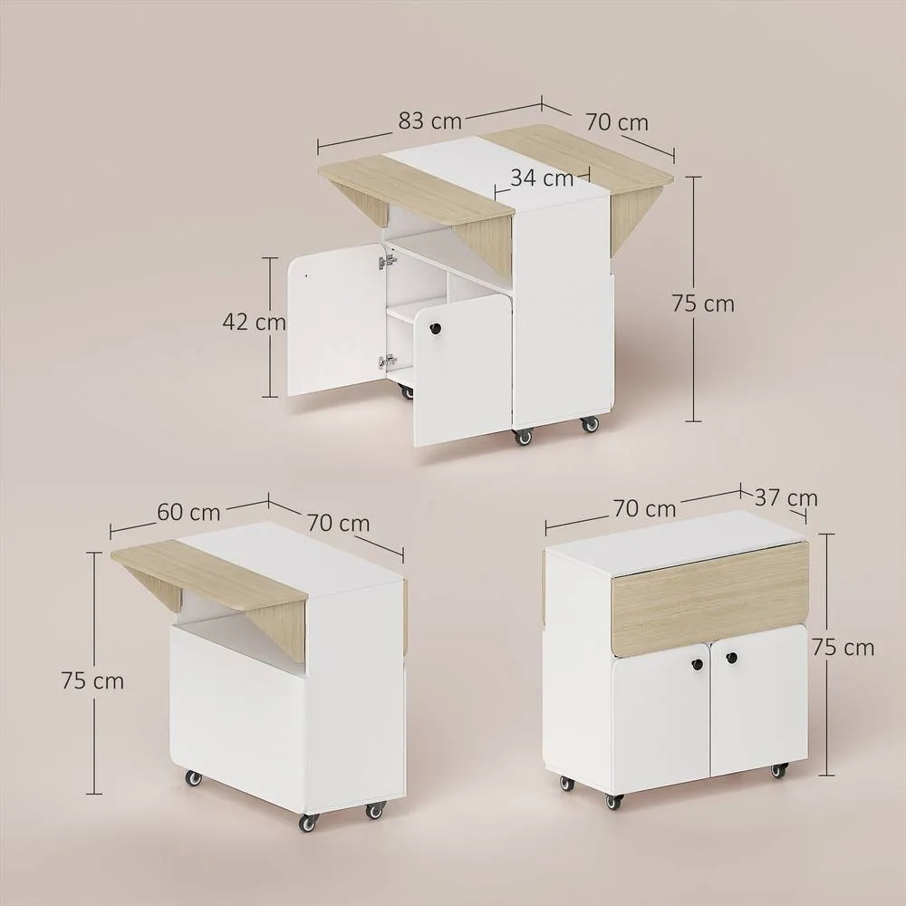 HOMCOM Folding Dining Table, Rolling Drop Leaf Table with Hidden Shelf in White 3