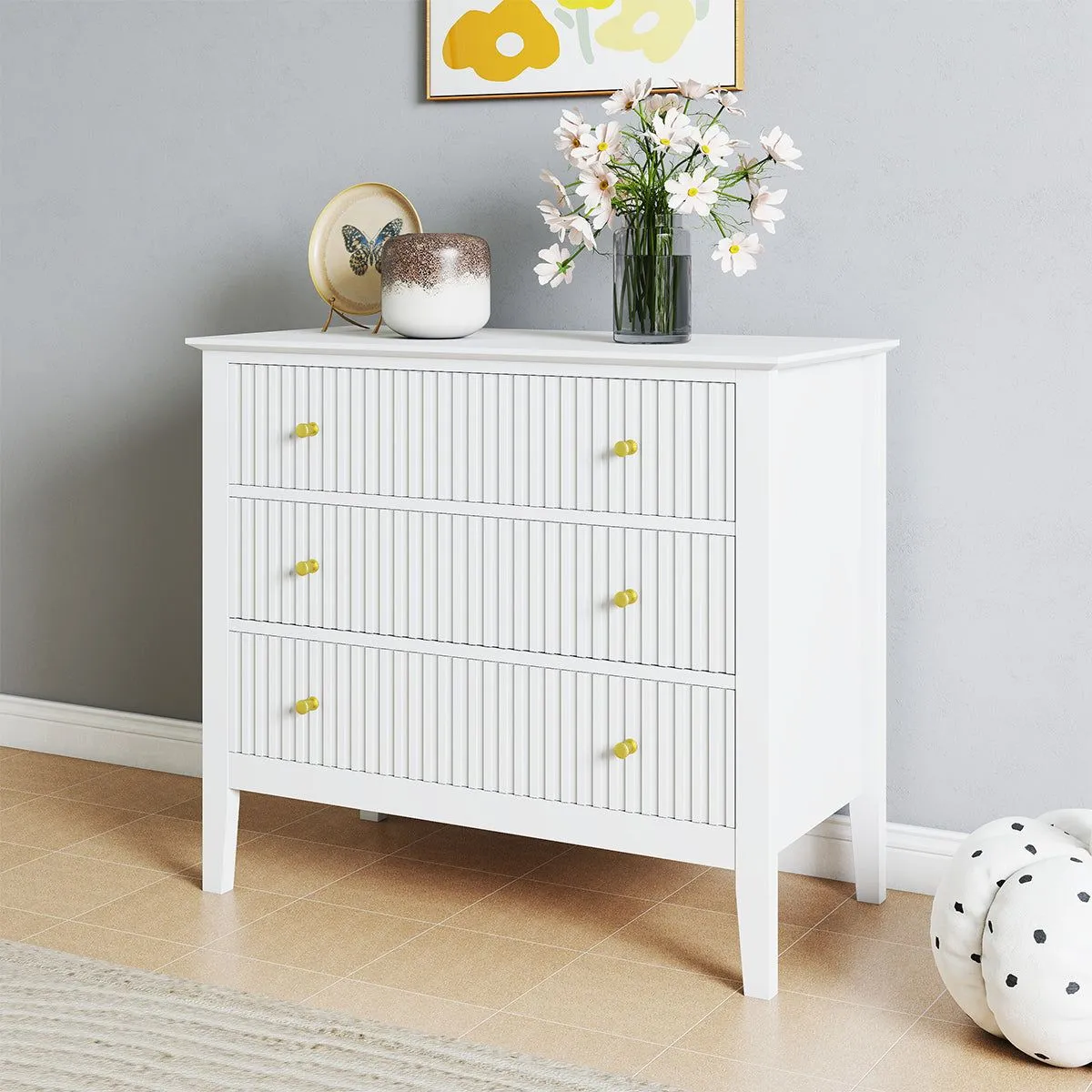 Melody Maison Wide 3 Drawer Chest Of Drawers & Pair Of Large Bedside Tables - Hales White Range 2
