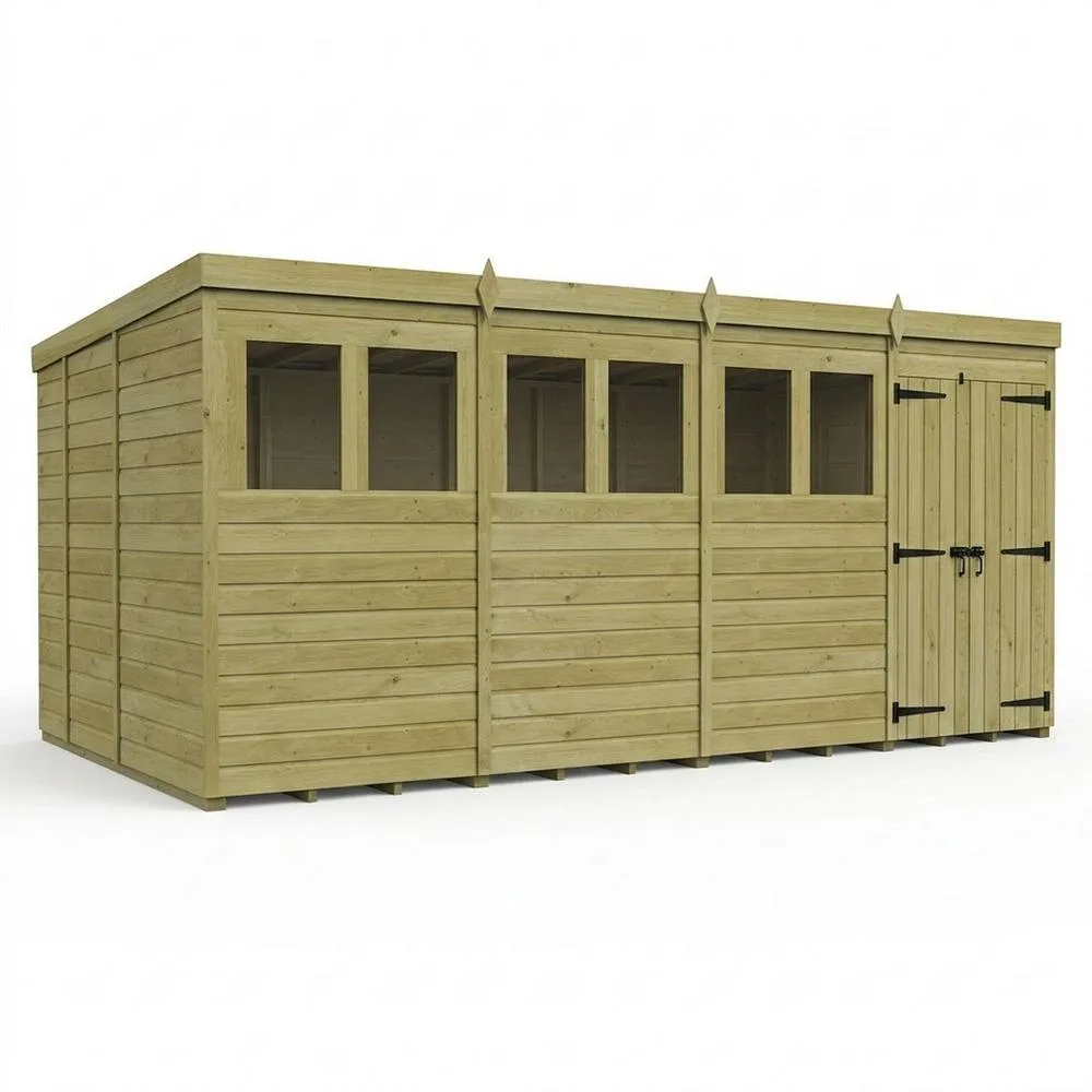 Buttercup Farm 16ft x 9ft Pent Garden Shed Double Door With Windows - Timber in Natural