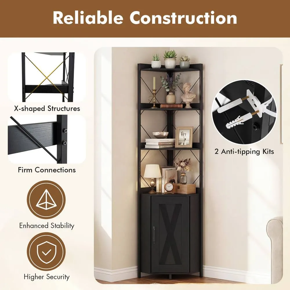 Costway Modern Corner Shelf 180cm Tall Corner Cabinet Bookshelf Display Rack in Black 2