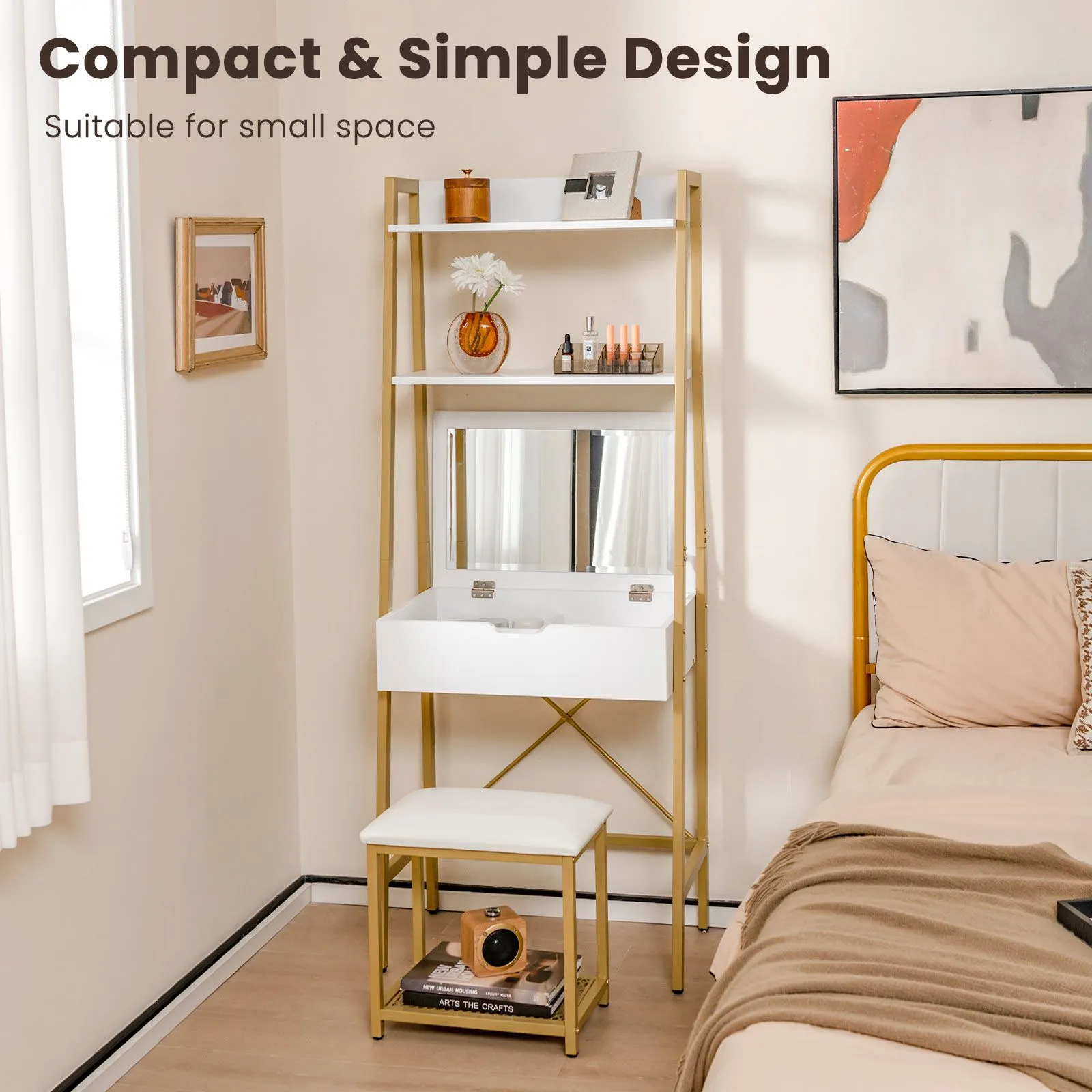 Costway 3 IN 1 Vanity Dressing Table Set Book Storage Shelf Ladder Desk Cushioned Stool in Natural 4