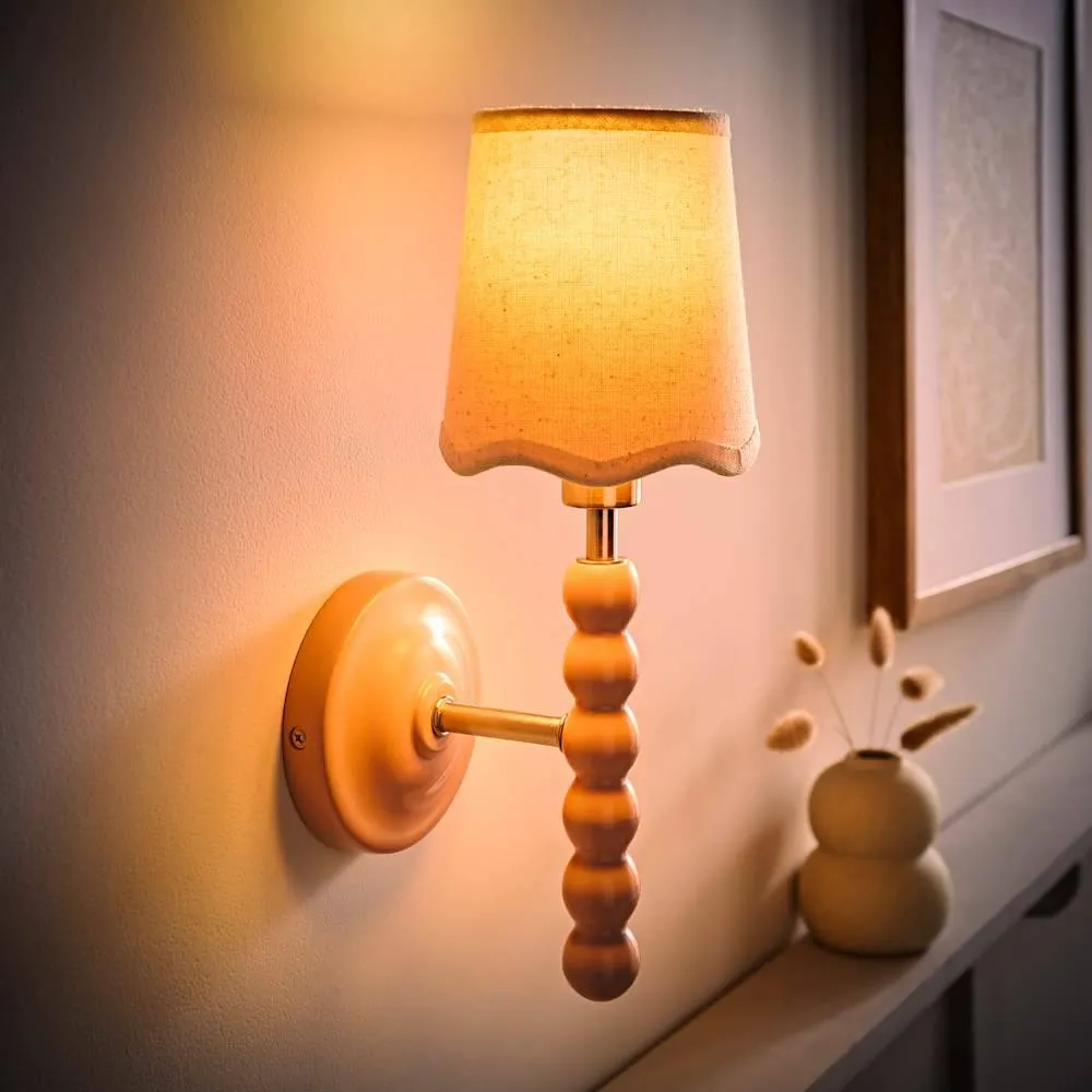 ValueLights Bobbins Pair of Pastel Wall Lights & Natural Linen Trim Lamp Shades in Pale Pink 4