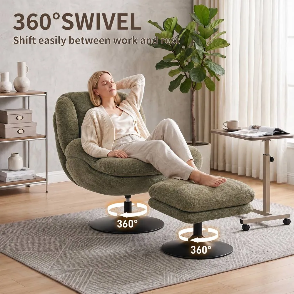 HOMCOM Chenille Lazy Chair with Ottoman, 360° Swivel, Dark Green 5