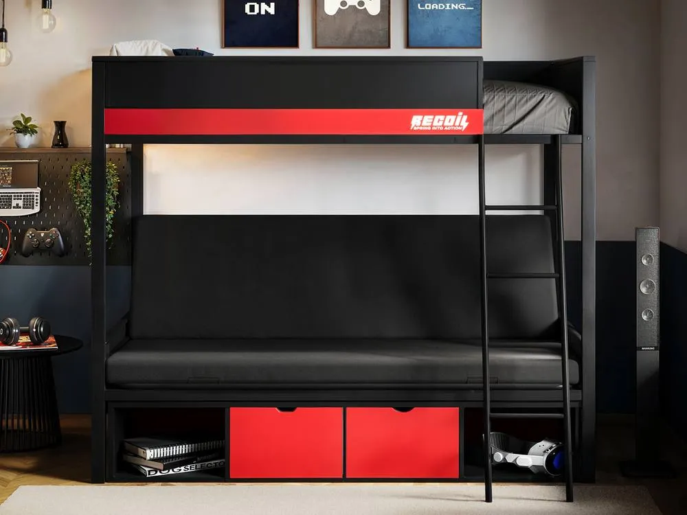 Flair Nova Storage Gaming Metal Bunk with Futon Black & Red 2