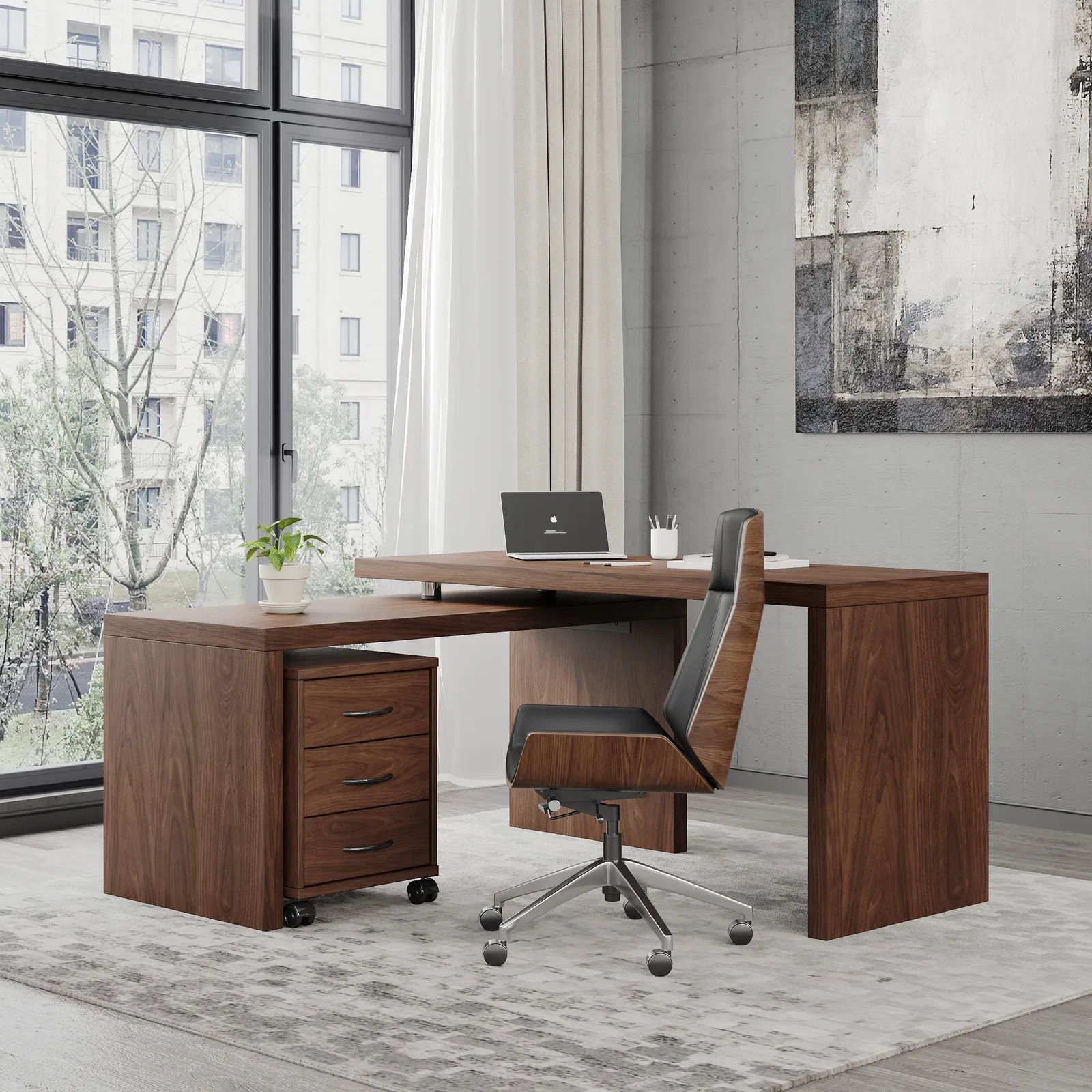 Modern L Shaped Executive Office Desk with with Movable File Cabinet Walnut Swivel Desk Office Furniture (150 cm )