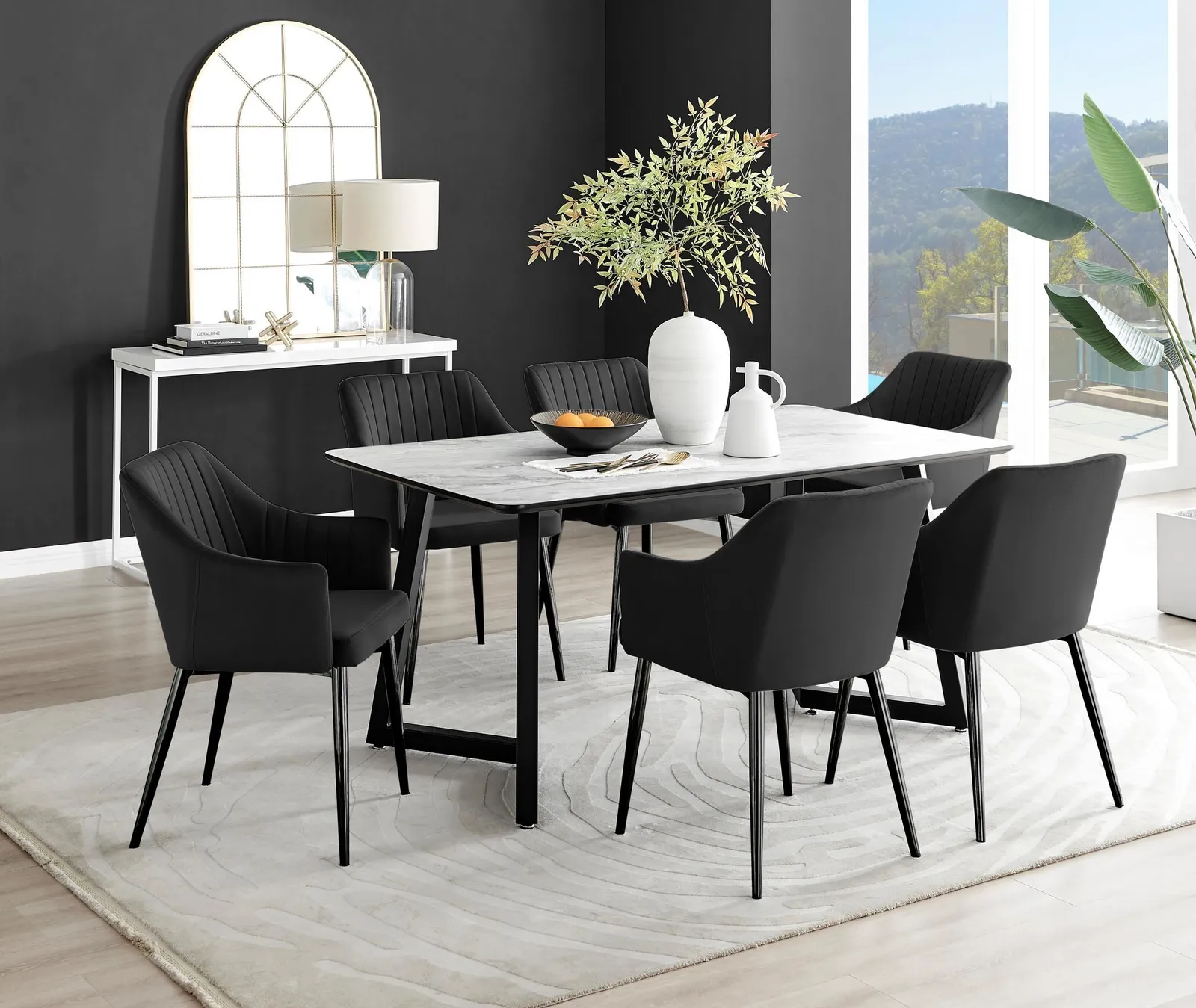 FurnitureboxUK Carson White Marble Effect Dining Table & 6 Calla Black Leg Chairs 1
