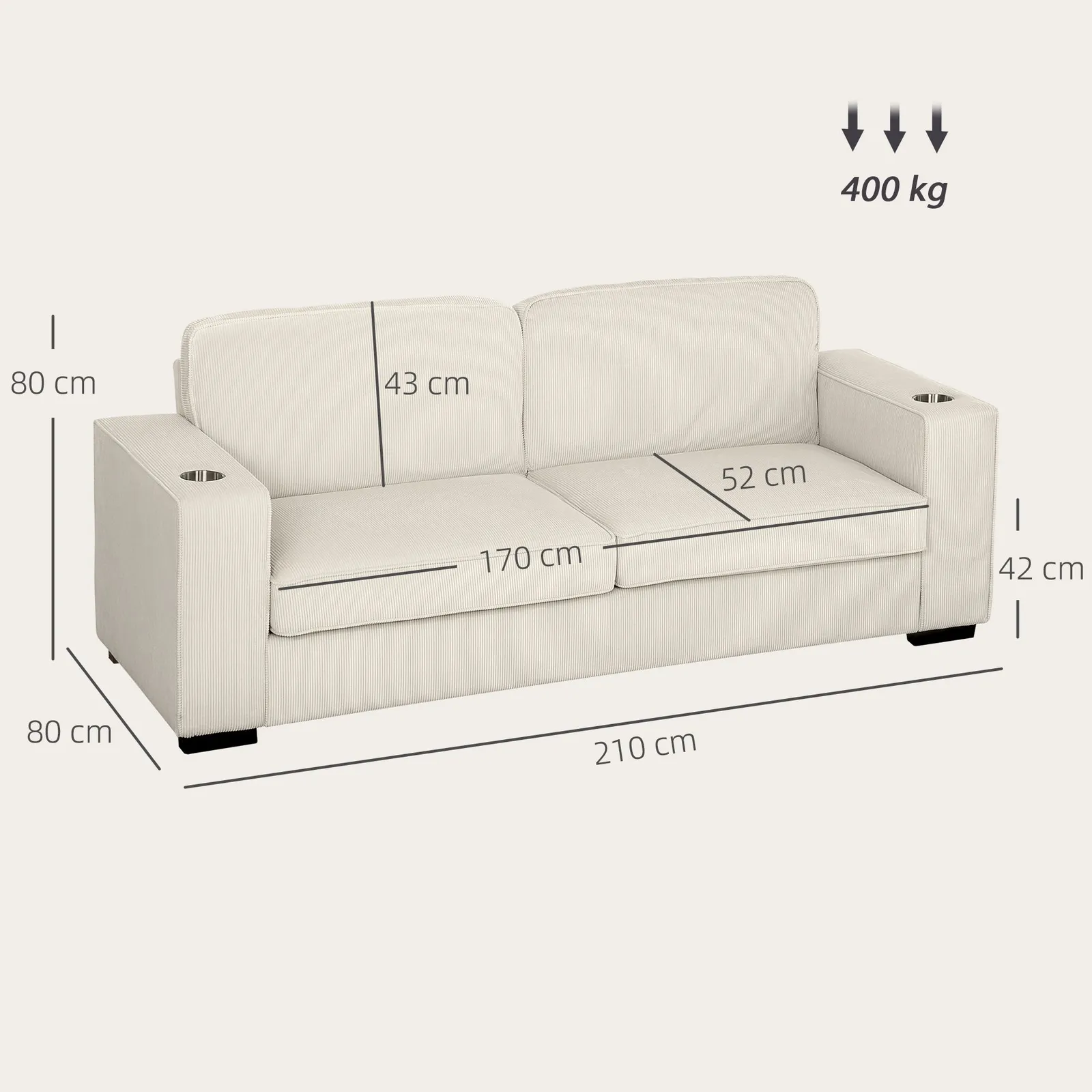 HOMCOM Modern 3 Seater Sofa Upholstered Corduroy Sofa Couch Cream White 3