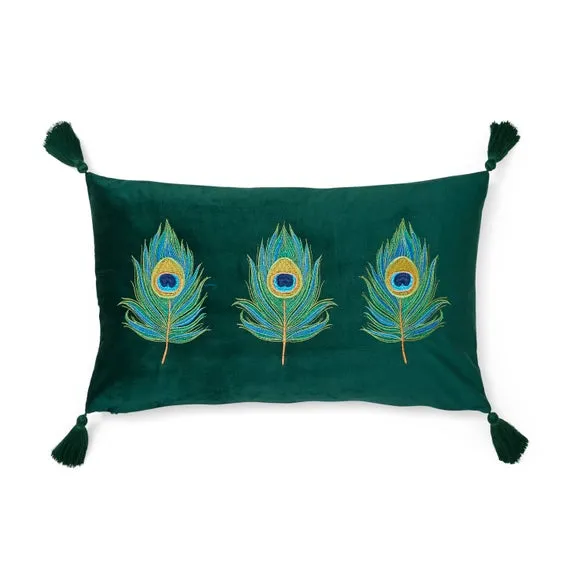 Embroidered Peacock Feather Rectangle Cushion 3