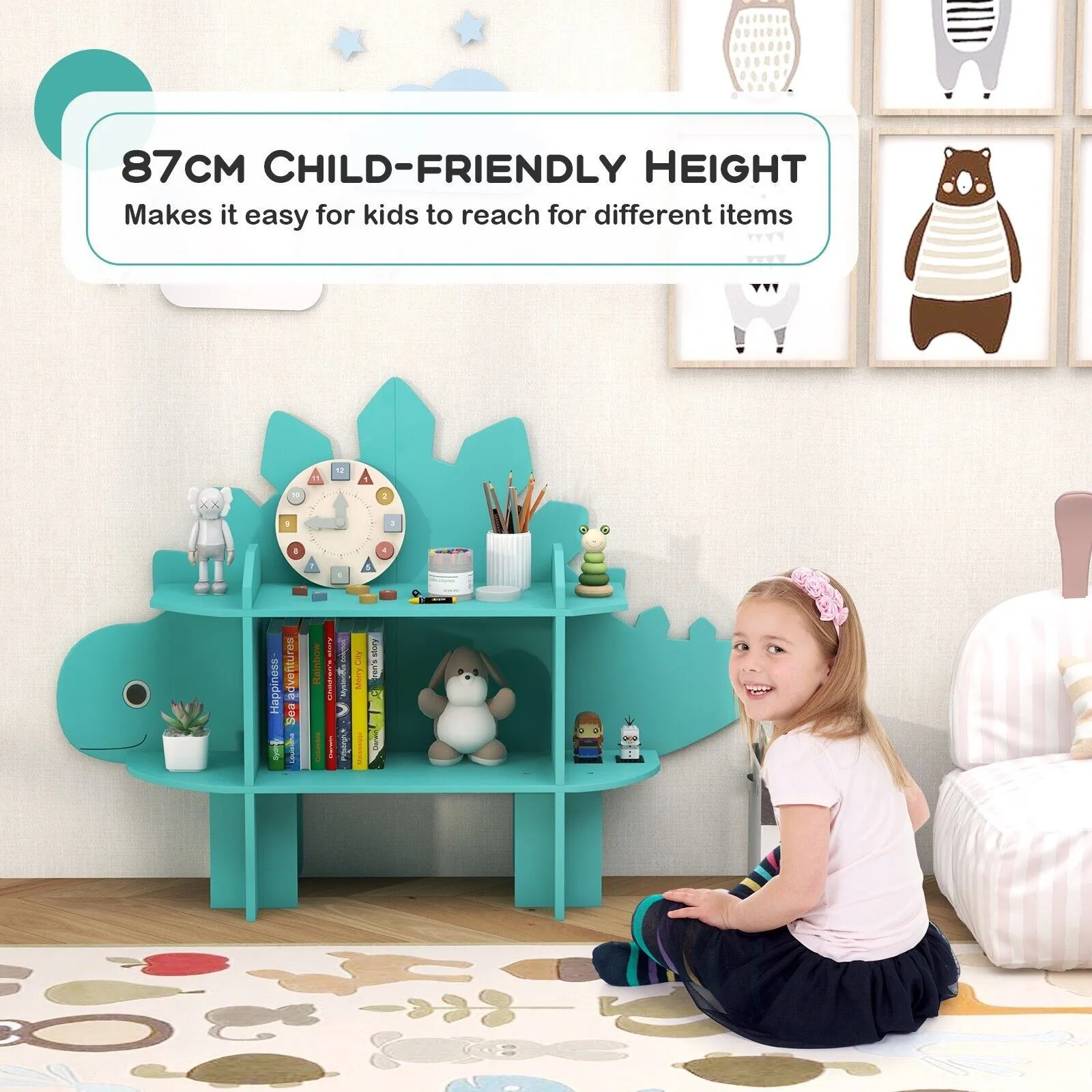 Costway Dinosaur Bookcase 2-Tier Toy Storage Organizer Wooden Bookshelf in Green 5